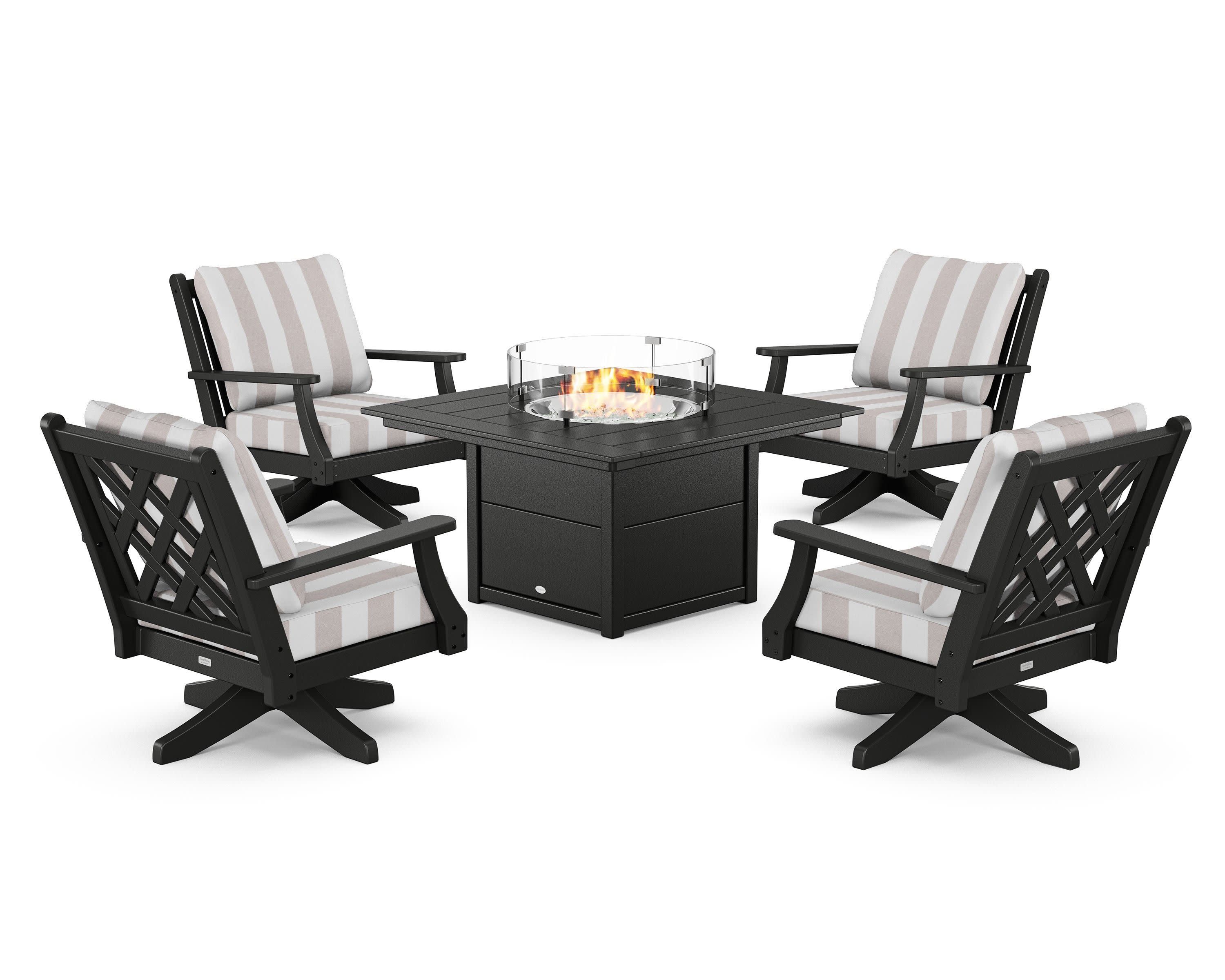 Wovendale 5-Piece Deep Seating Swivel Conversation Set with Fire Pit Table in Black / Cabana Stripe Dune Burlap