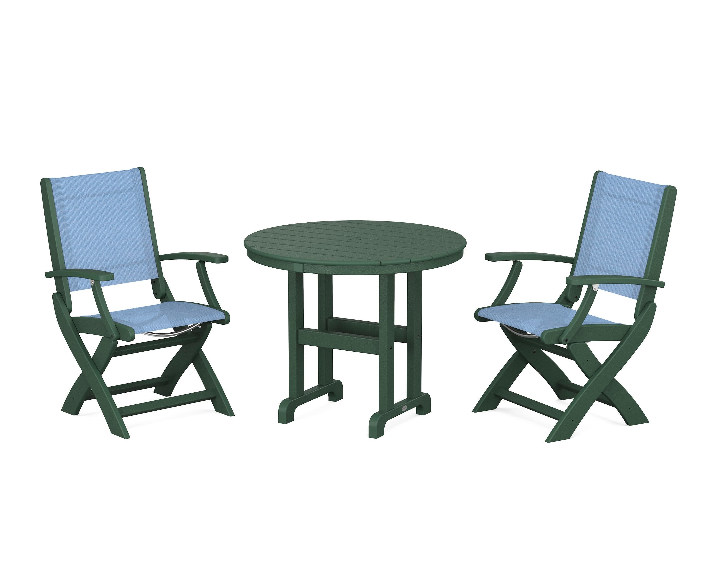 Coastal Folding Chair 3-Piece Round Dining Set in Green / Poolside Sling
