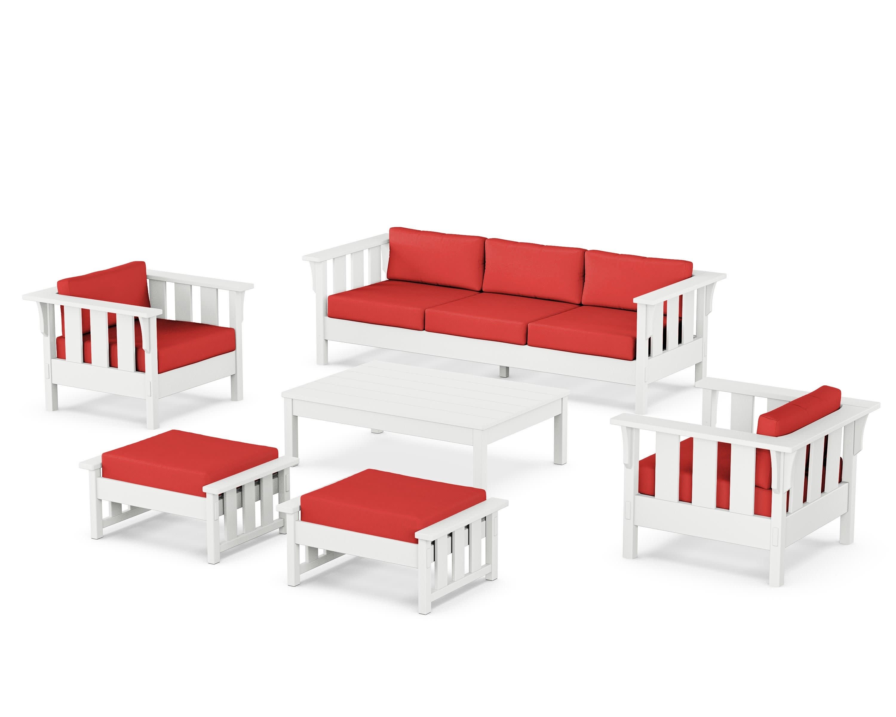 Acadia 6-Piece Lounge Sofa Set in White / Crimson Linen