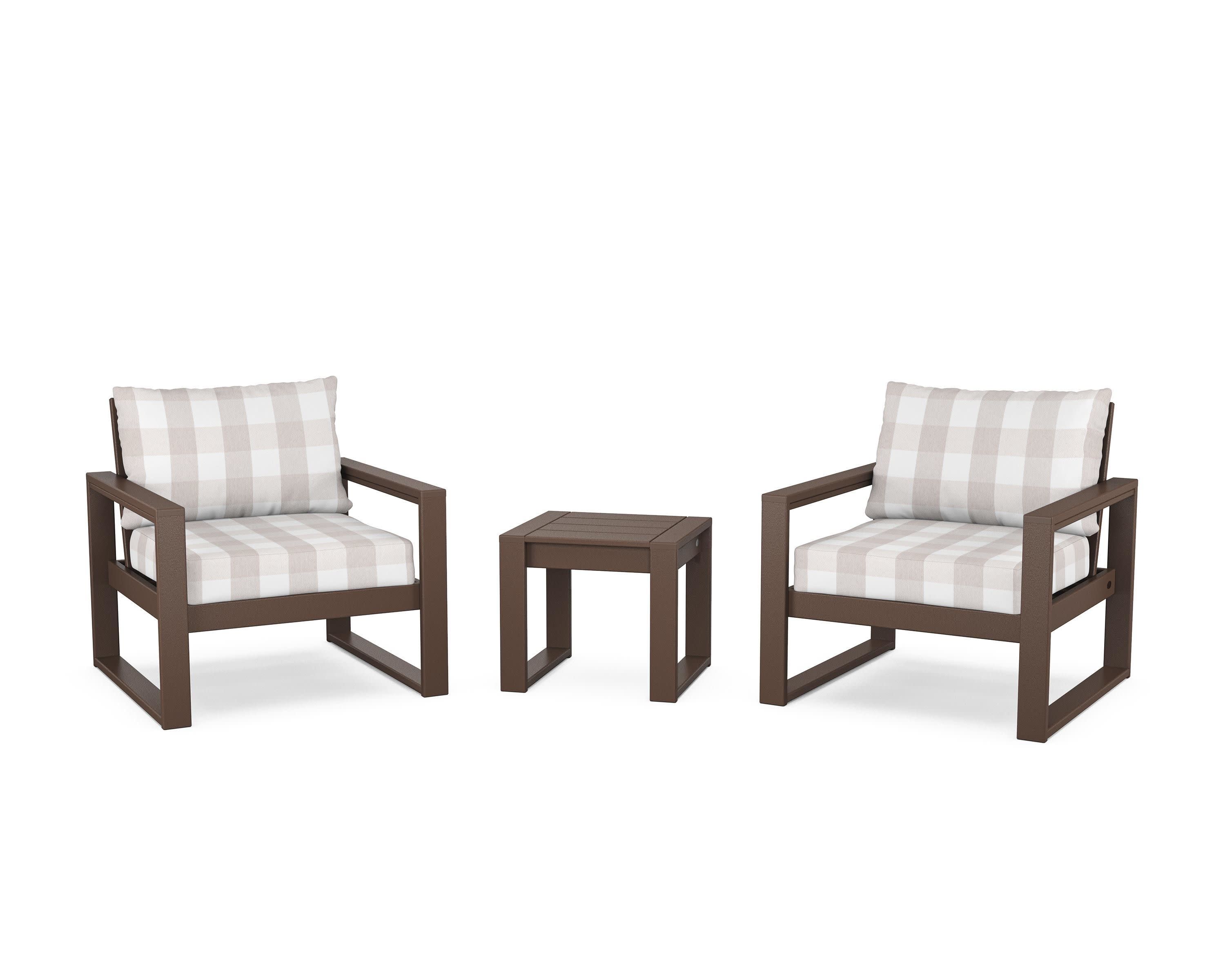 EDGE Sectional 3-Piece Deep Seating Set in Mahogany / Buffalo Plaid Dune Burlap