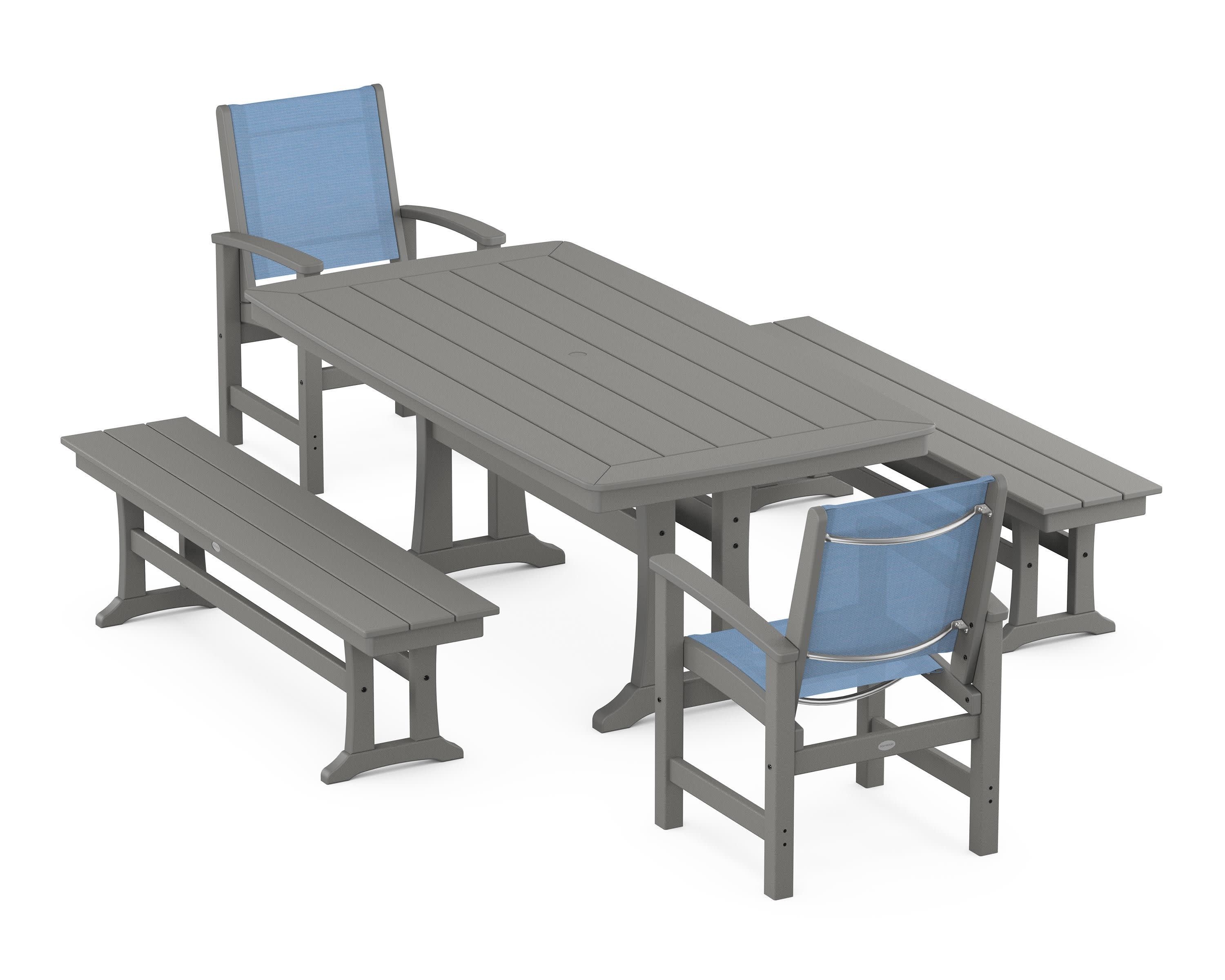 Coastal 5-Piece Dining Set with Trestle Legs and Benches in Slate Grey / Poolside Sling