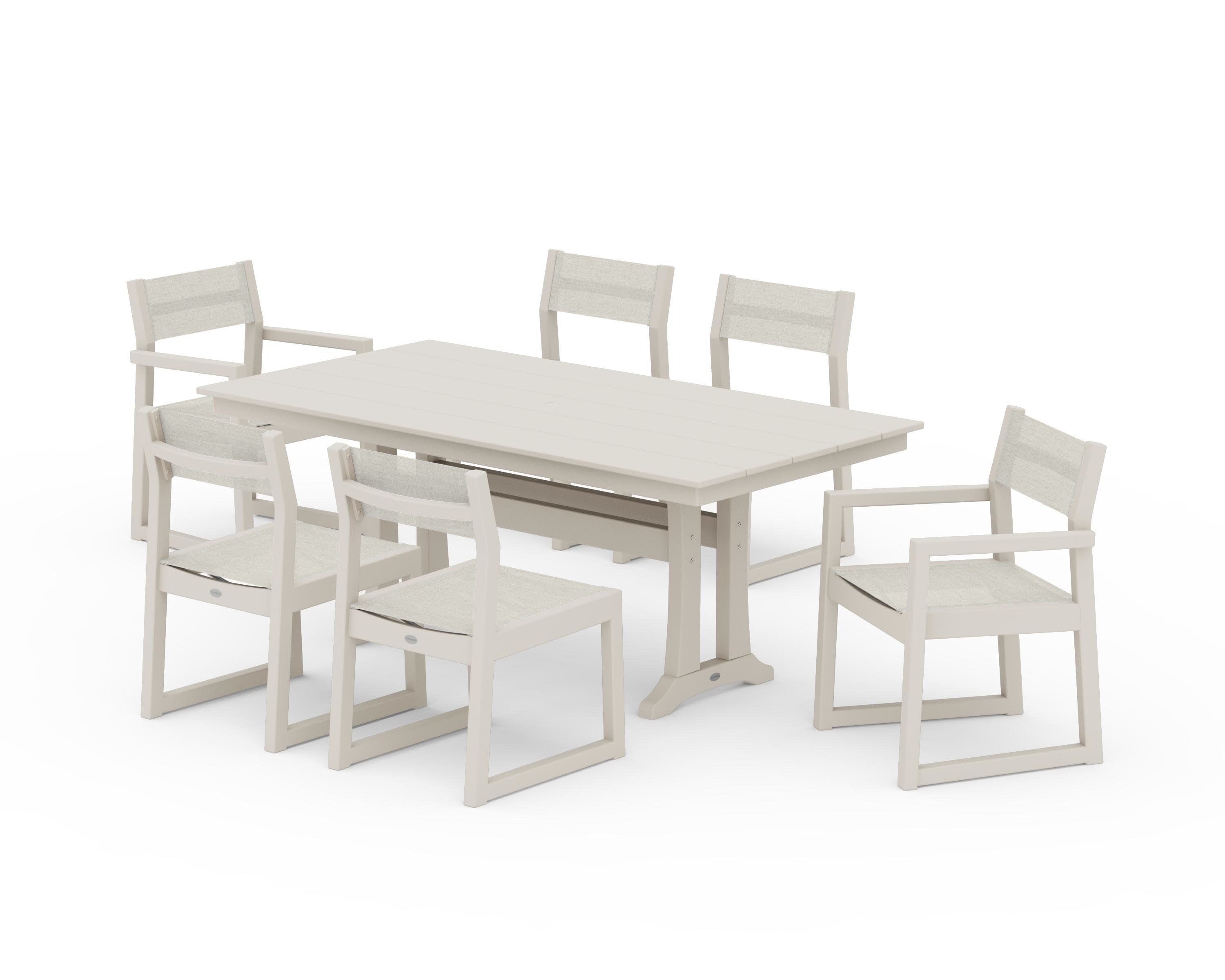 EDGE Sling 7-Piece Farmhouse Trestle Dining Set in Sand / Parchment Sling