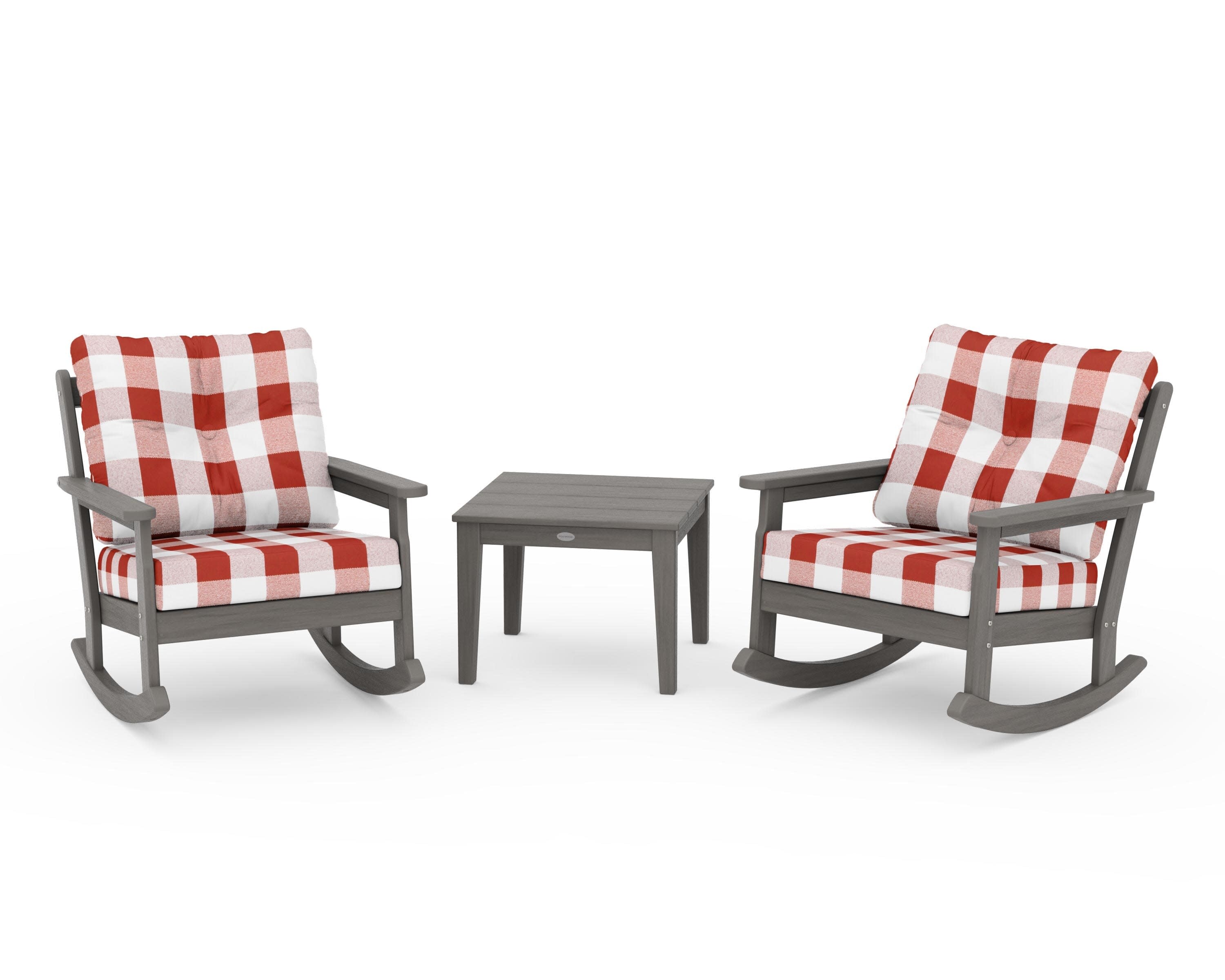 Vineyard 3-Piece Deep Seating Rocker Set in Driftwood / Buffalo Plaid Crimson