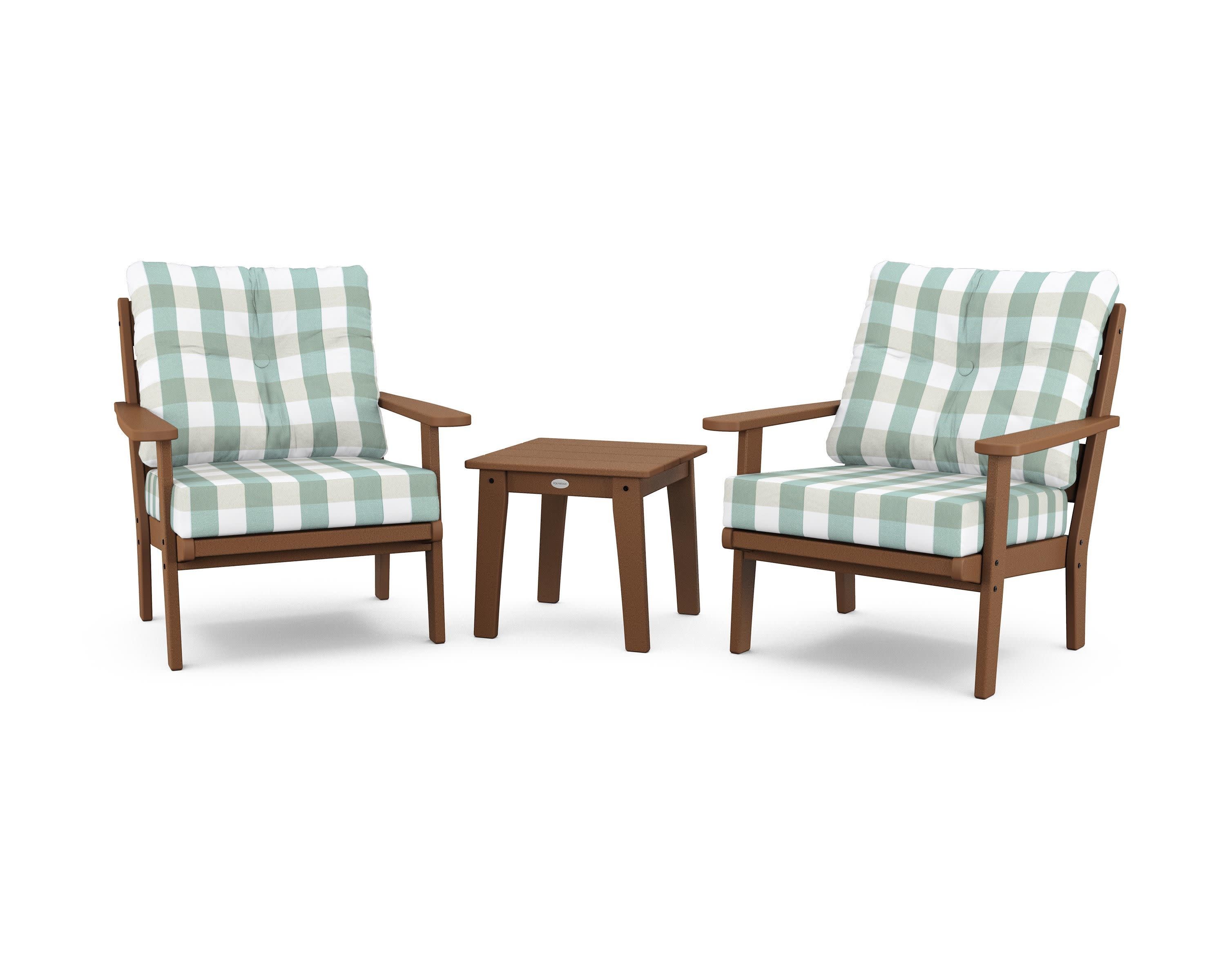 Lakeside 3-Piece Deep Seating Chair Set in Teak / Buffalo Plaid Glacier Spa