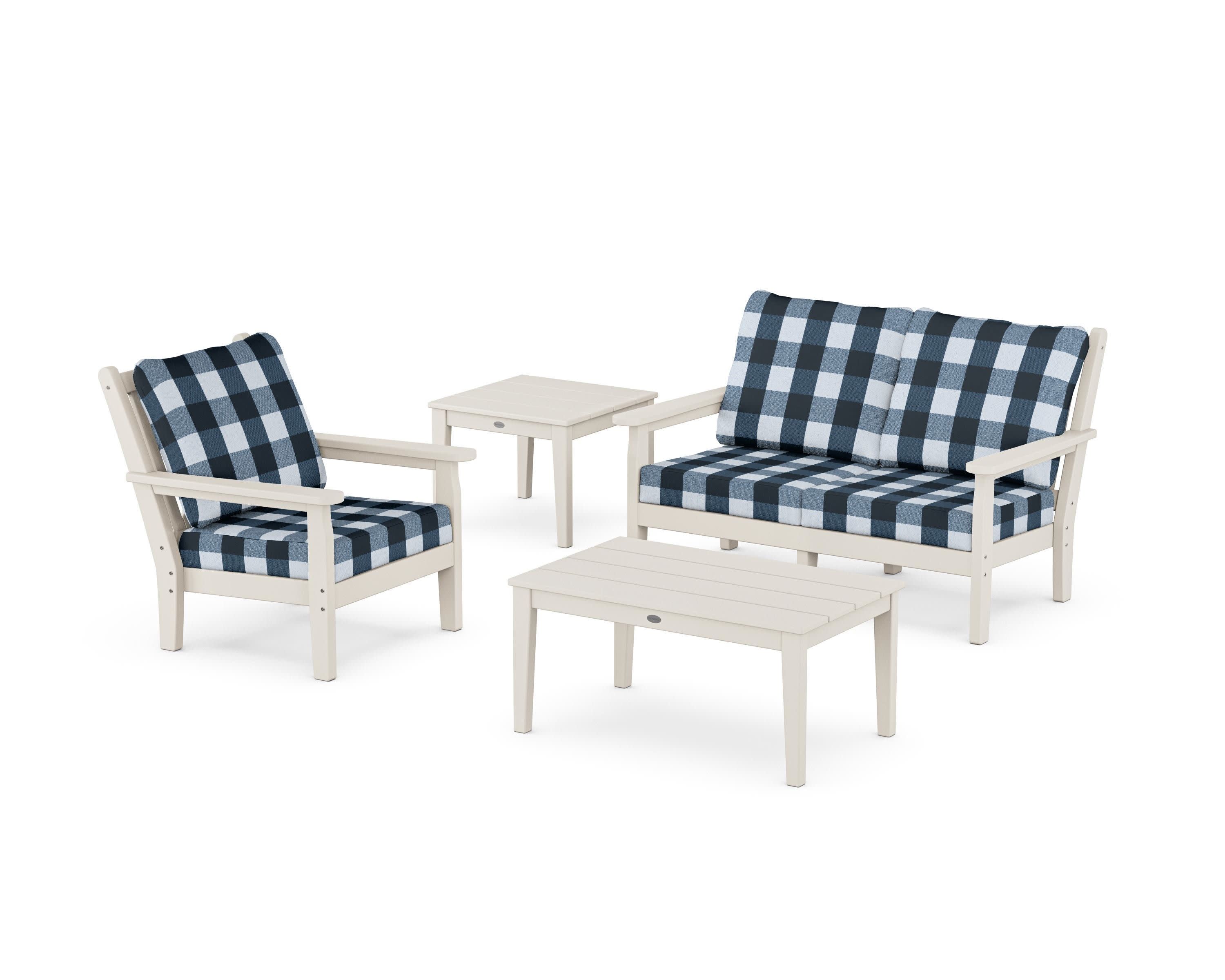Chippendale 4-Piece Deep Seating Set in Sand / Buffalo Plaid Marine Indigo