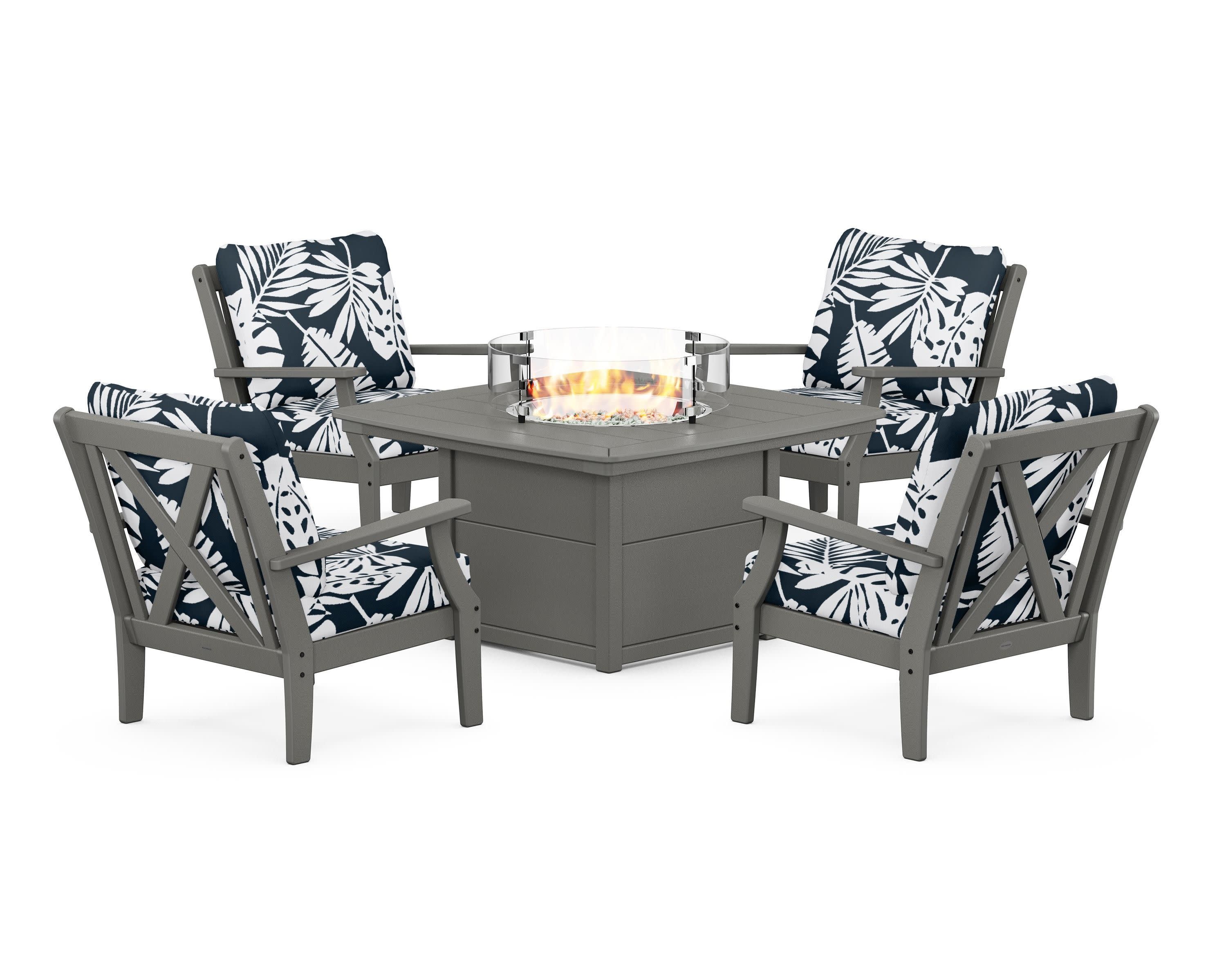 Braxton 5-Piece Deep Seating Conversation Set with Fire Pit Table in Slate Grey / Leaf Marine Indigo