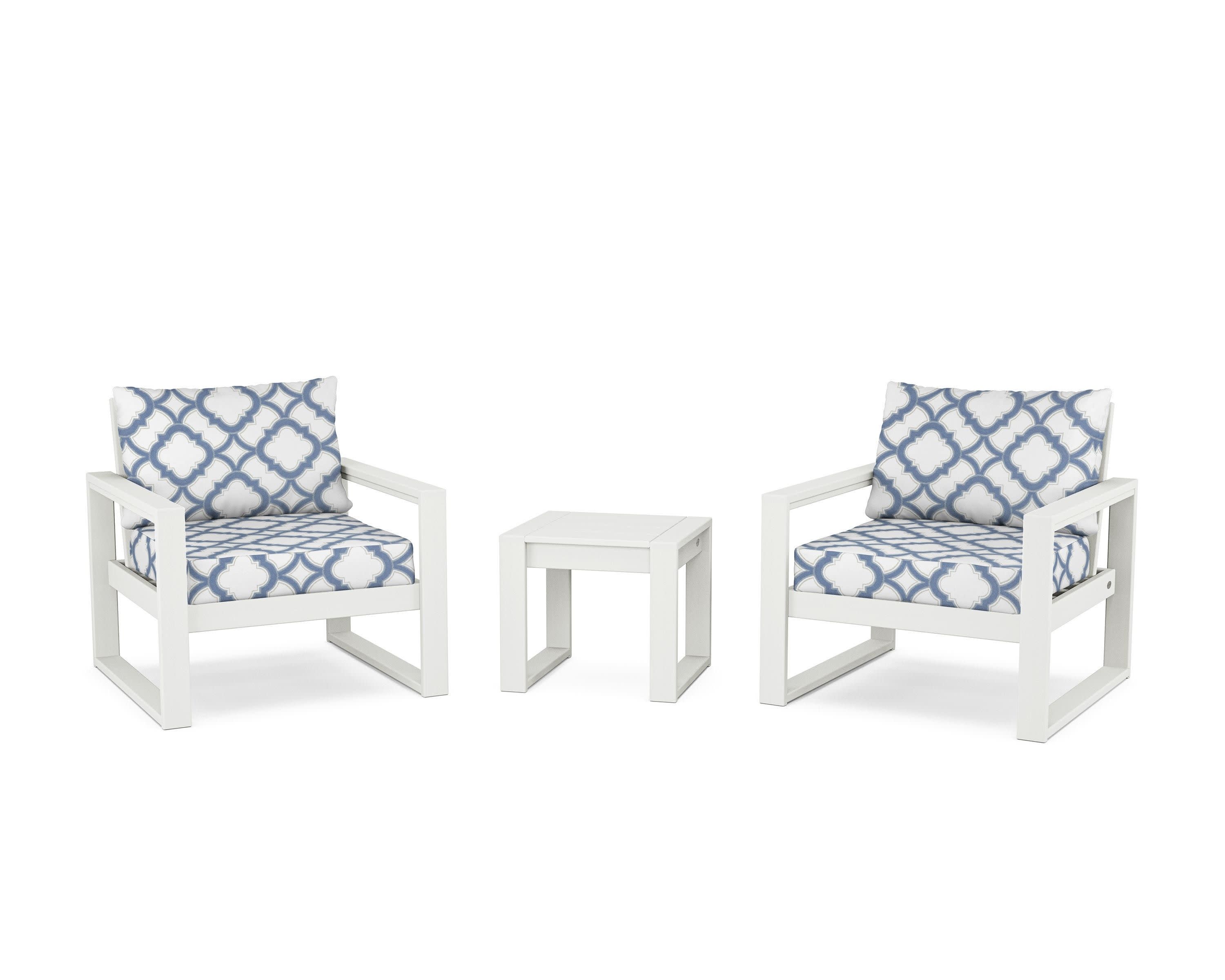 EDGE Sectional 3-Piece Deep Seating Set in Vintage White / Trellis Sky Blue
