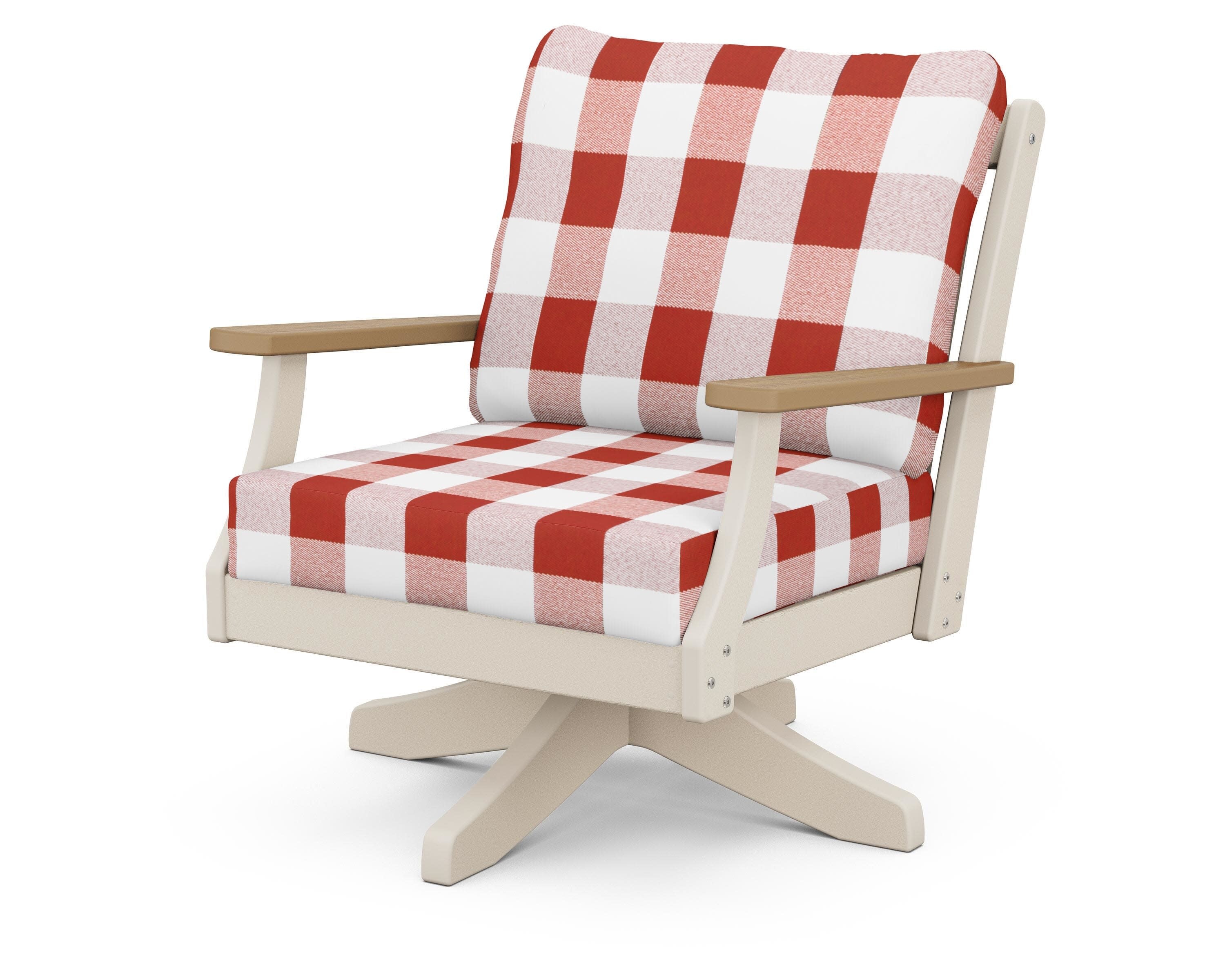 Braxton Deep Seating Swivel Chair in Sand / Natural / Buffalo Plaid Crimson