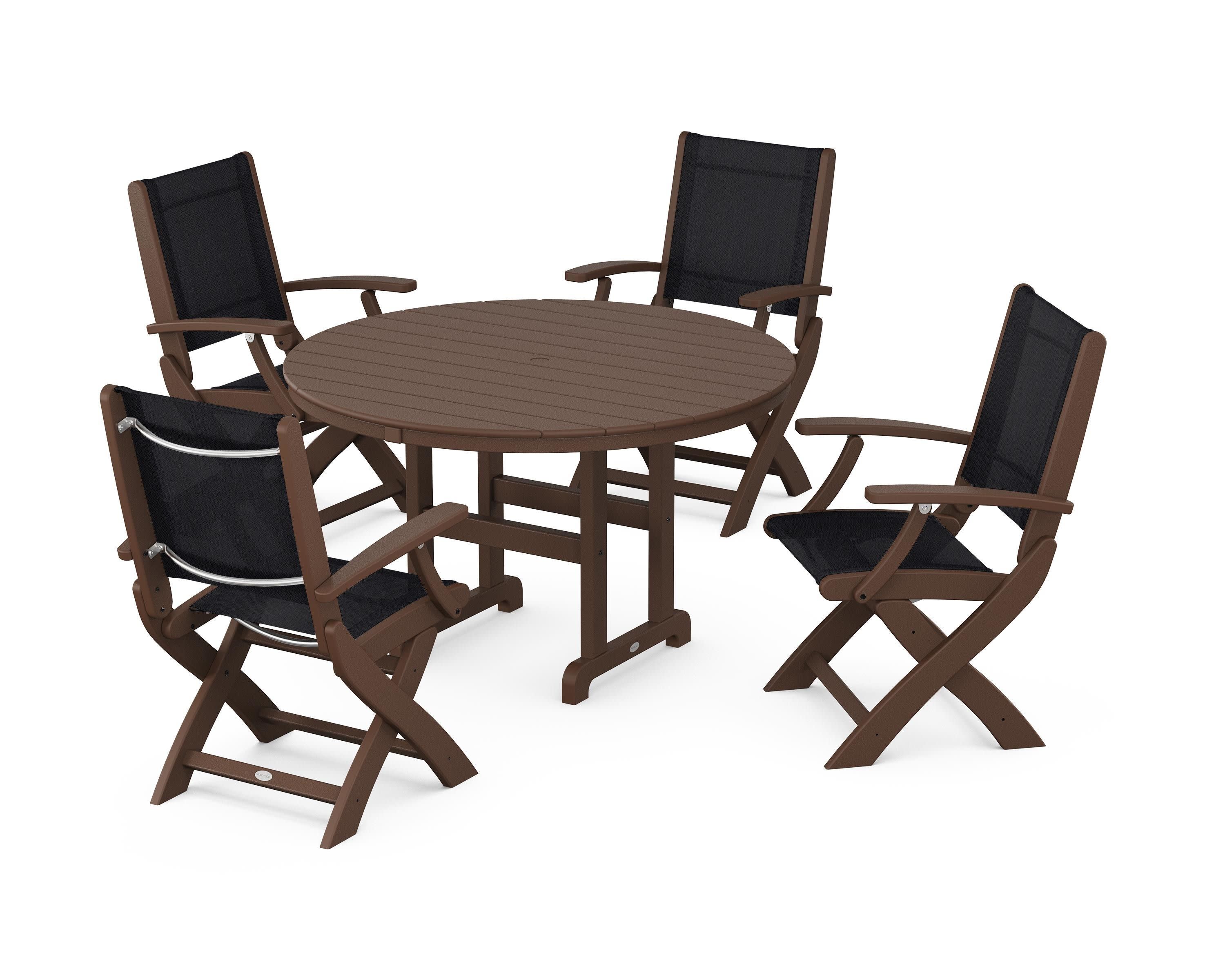 Coastal Folding Chair 5-Piece Round Dining Set in Mahogany / Black Sling