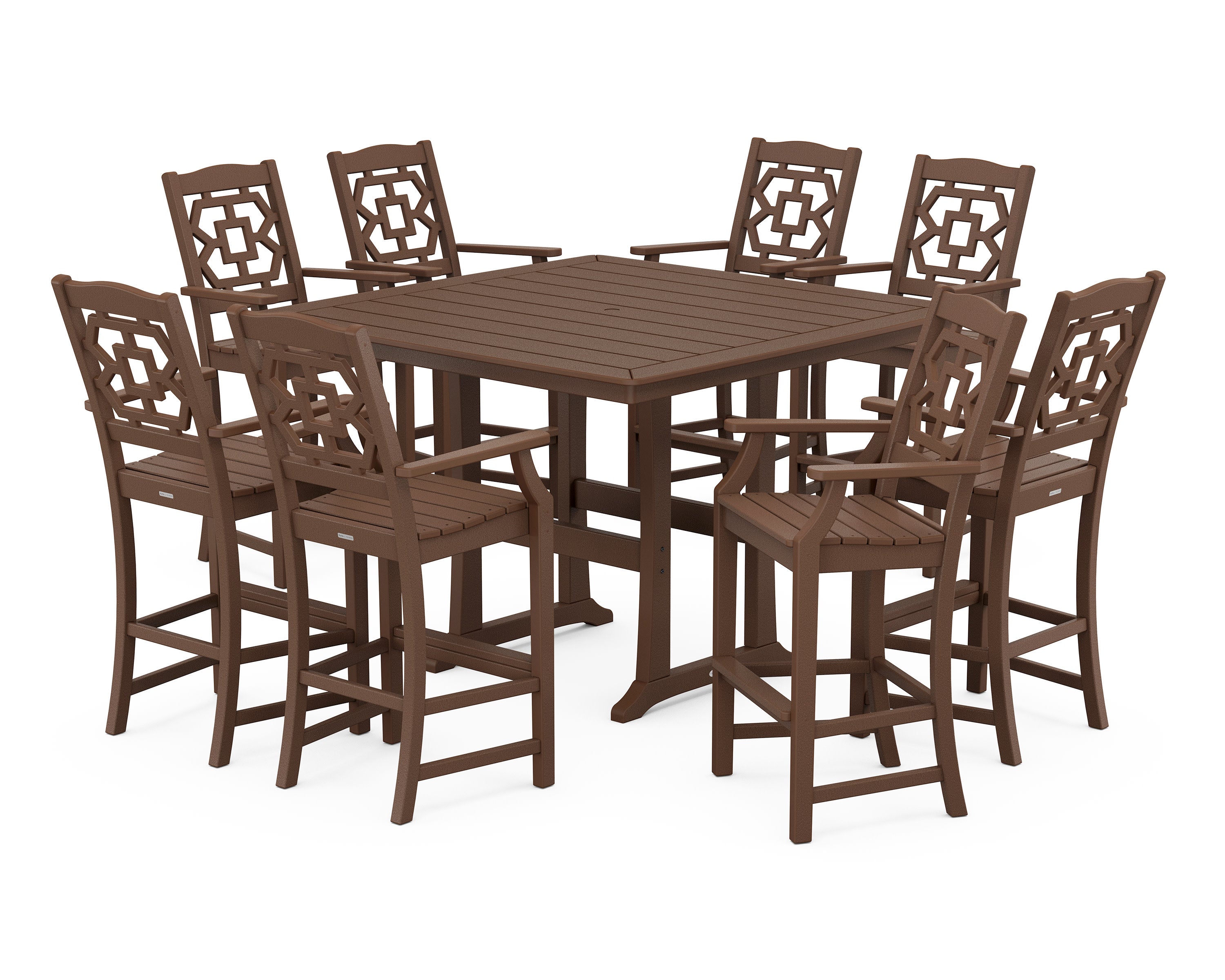 Chinoiserie 9-Piece Square Bar Set with Trestle Legs in Mahogany