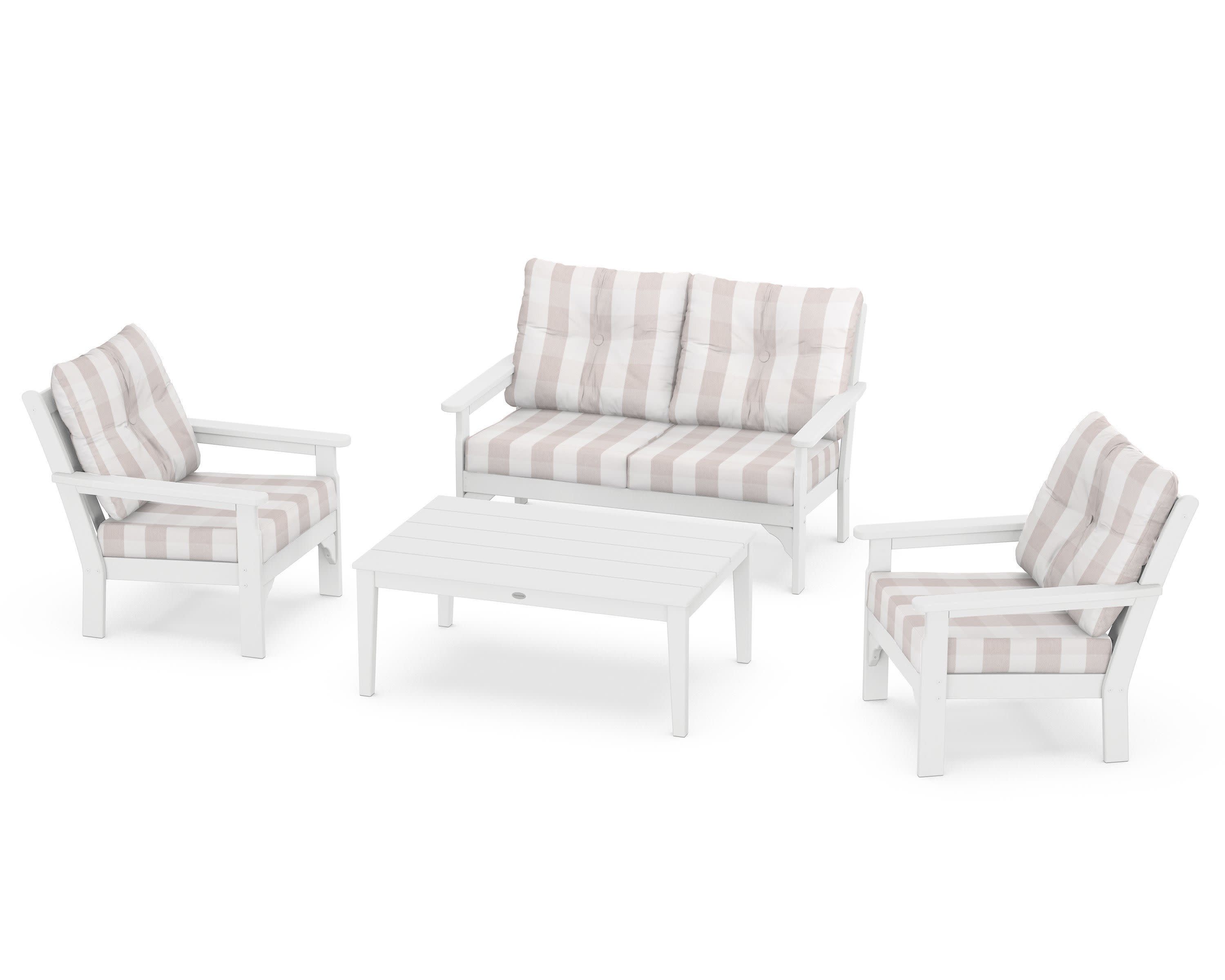 Vineyard 4-Piece Deep Seating Set in White / Buffalo Plaid Dune Burlap
