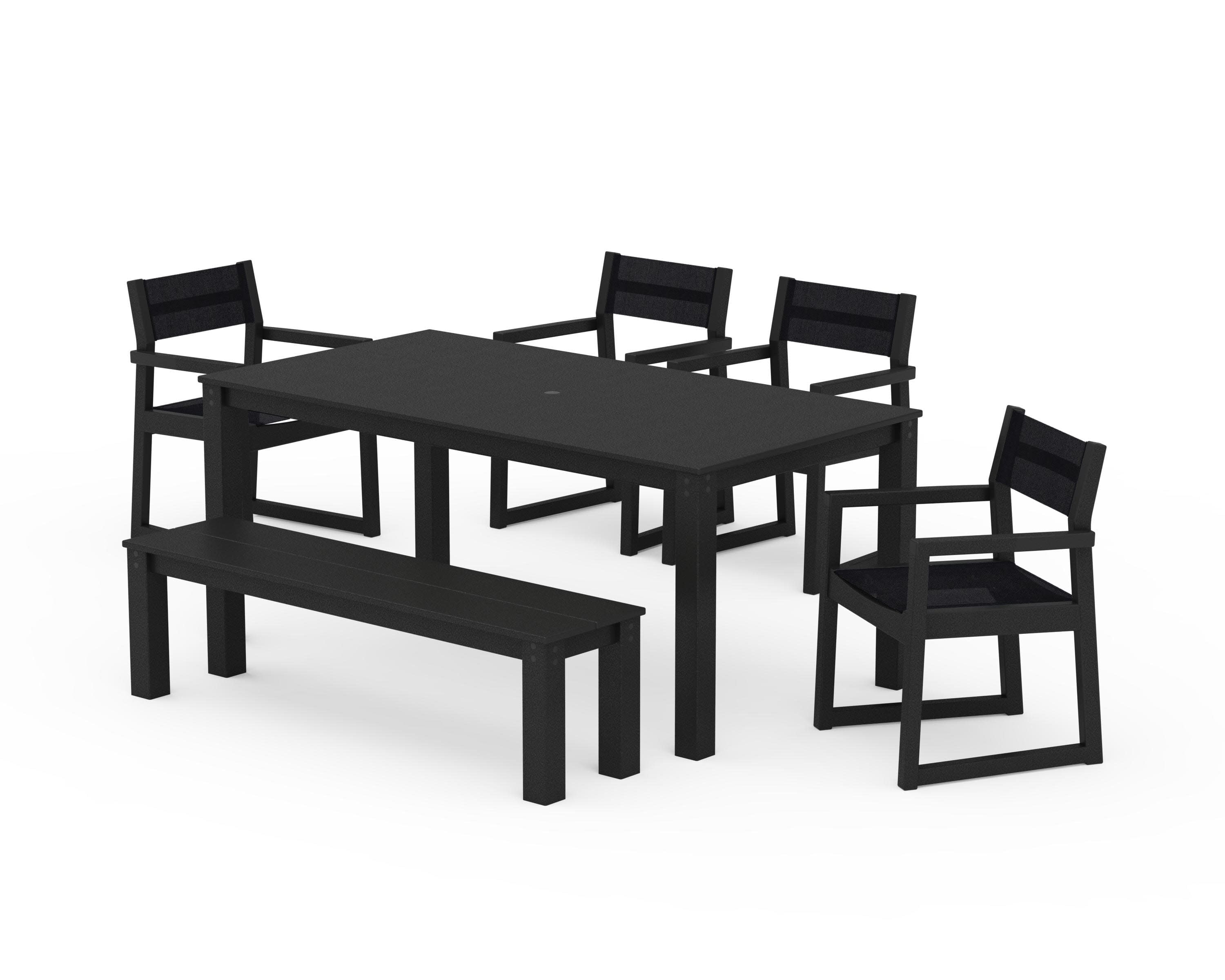 EDGE Sling Arm Chair 6-Piece Parsons Dining Set with Bench in Black / Black Sling