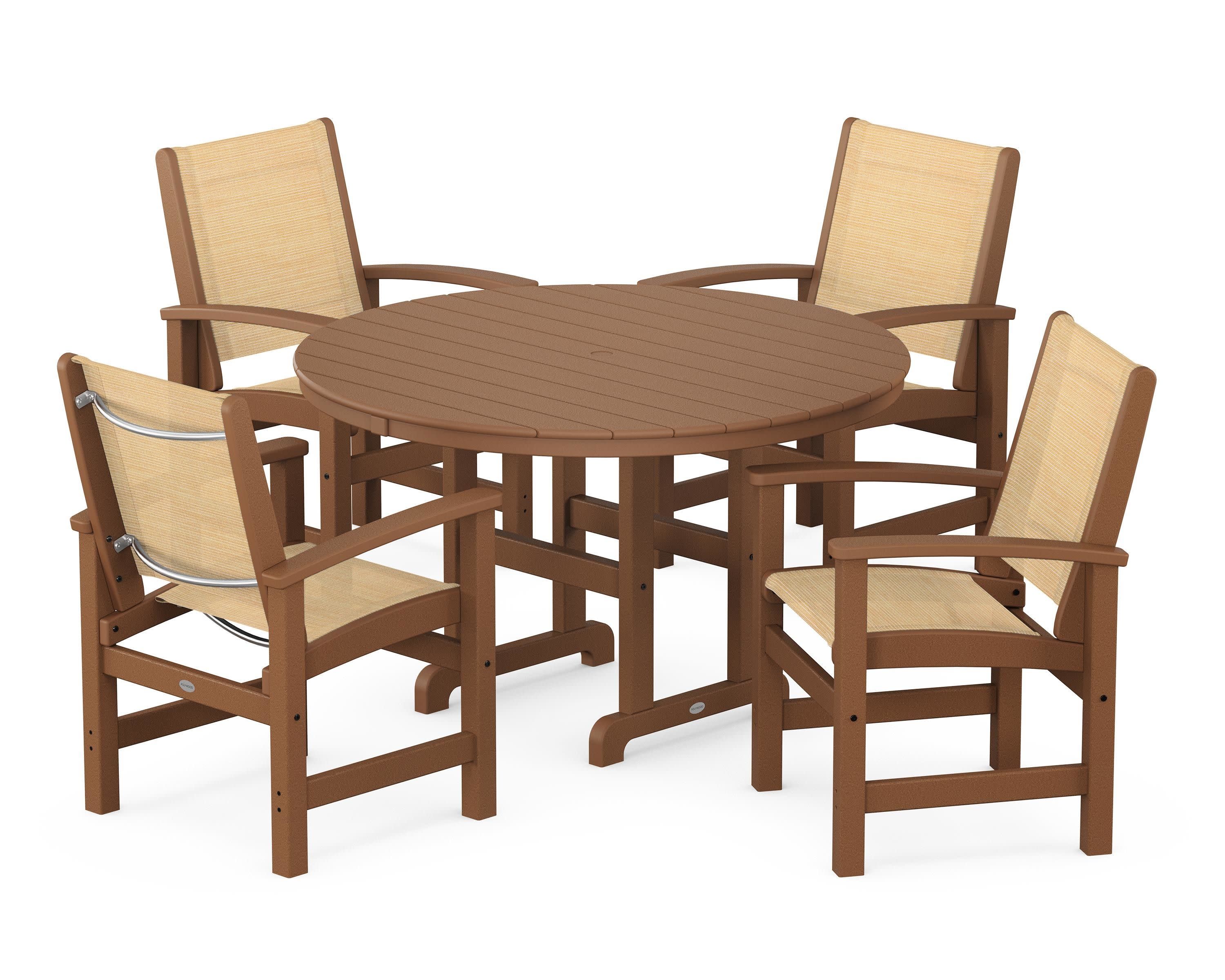 Coastal 5-Piece Round Farmhouse Dining Set in Teak / Dupioni Apricot Sling