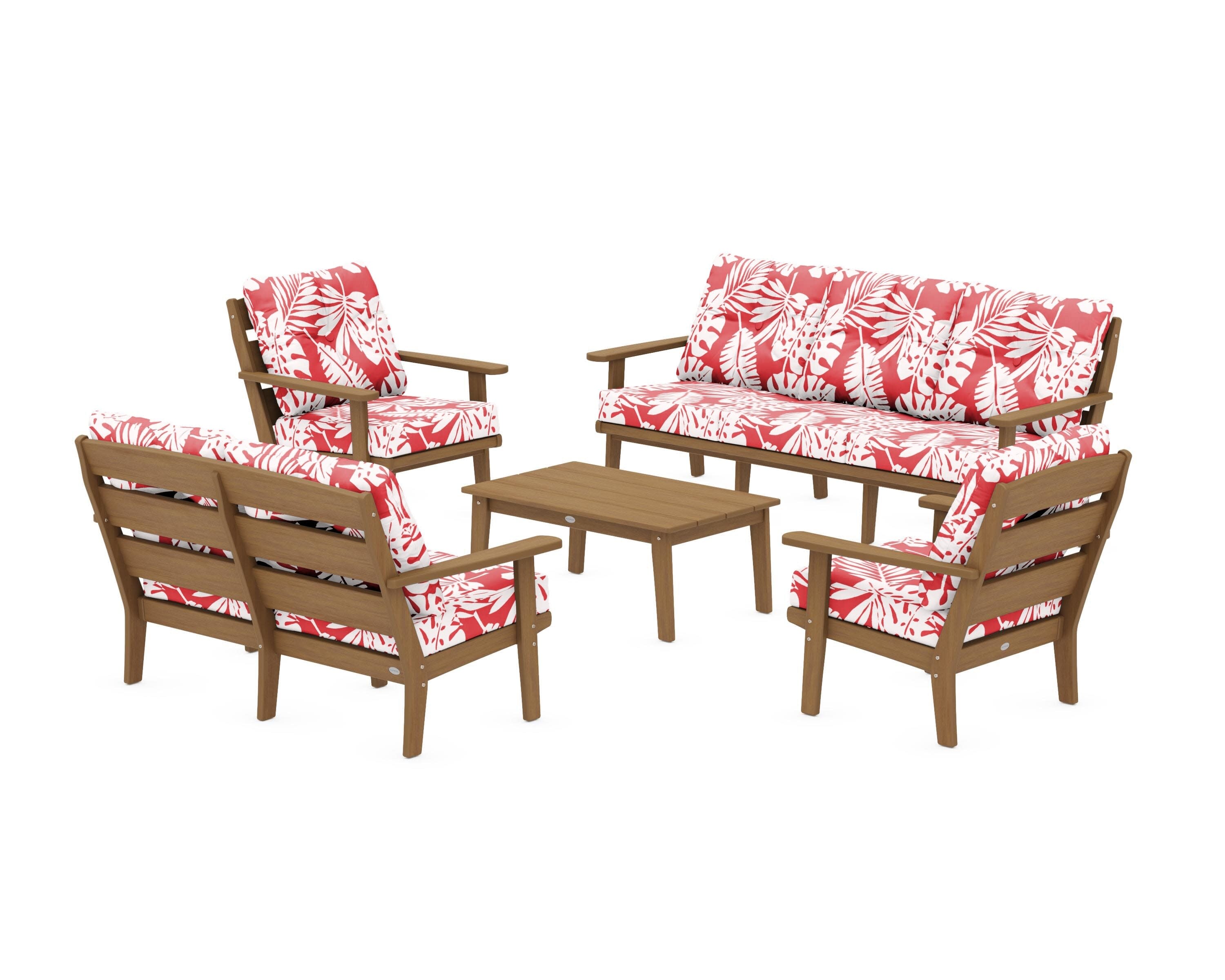 Lakeside 5-Piece Lounge Sofa Set in Natural / Leaf Crimson