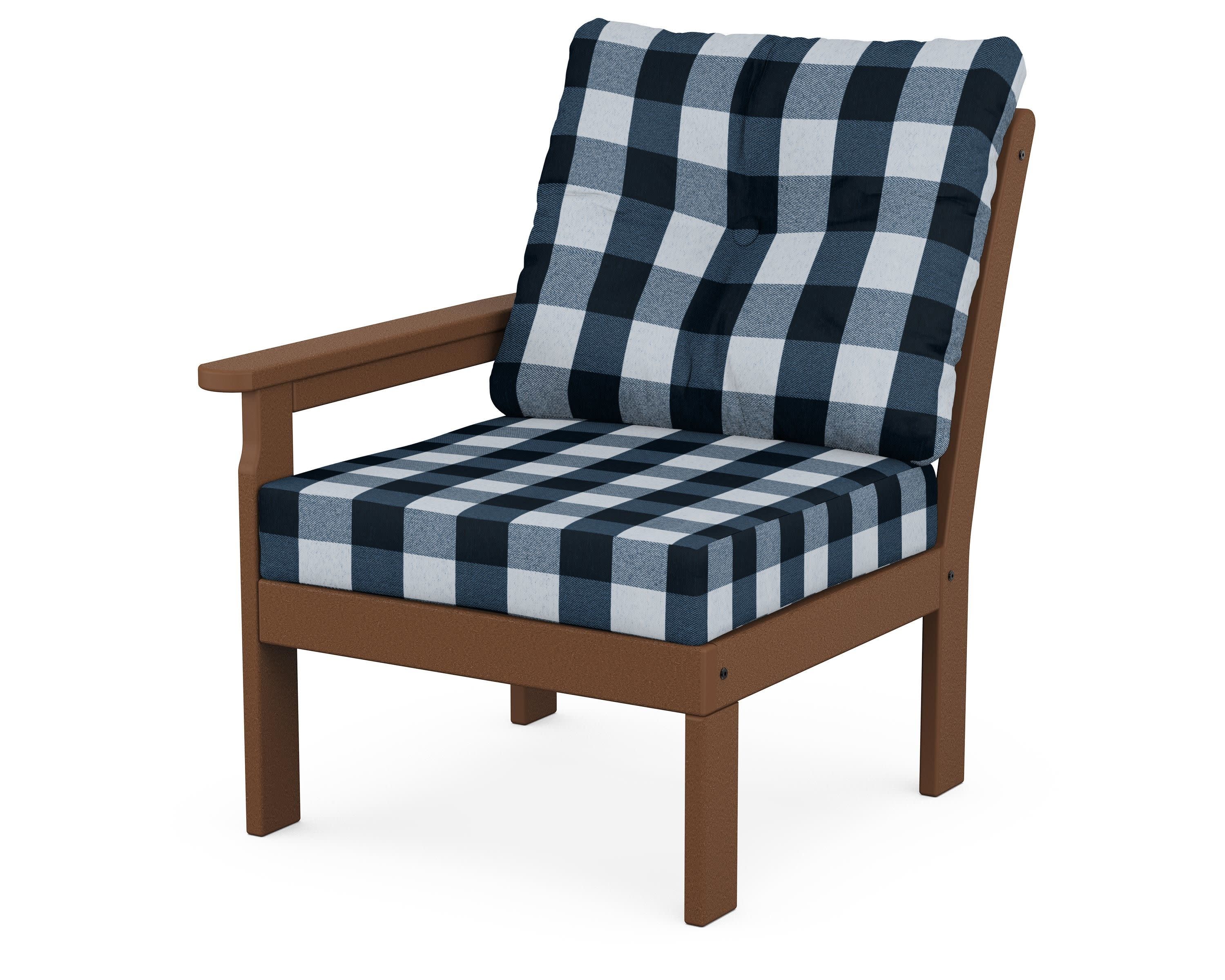 Vineyard Modular Left Arm Chair in Teak / Buffalo Plaid Marine Indigo
