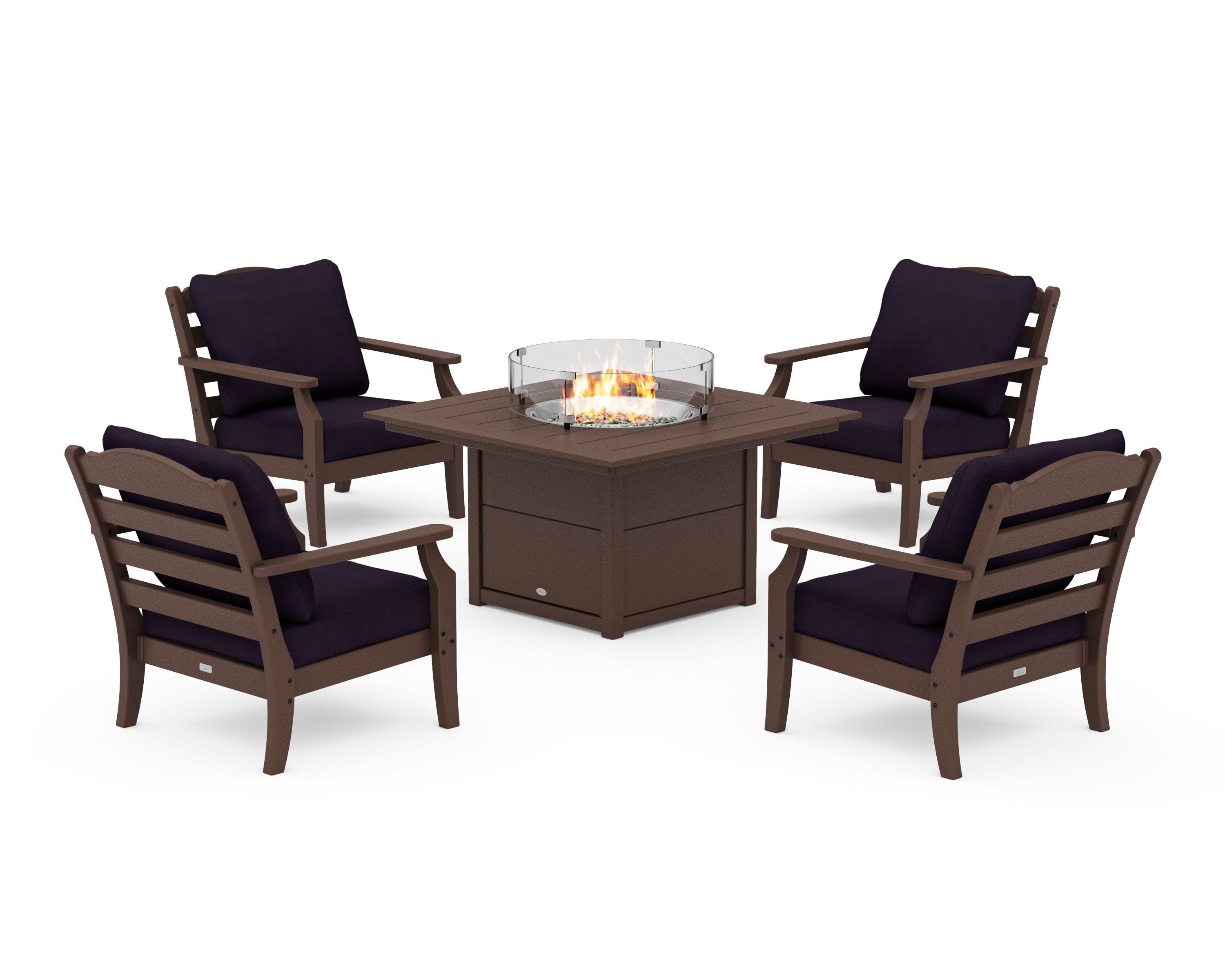 Savannah 5-Piece Deep Seating Set with Fire Pit Table in Mahogany / Navy Linen