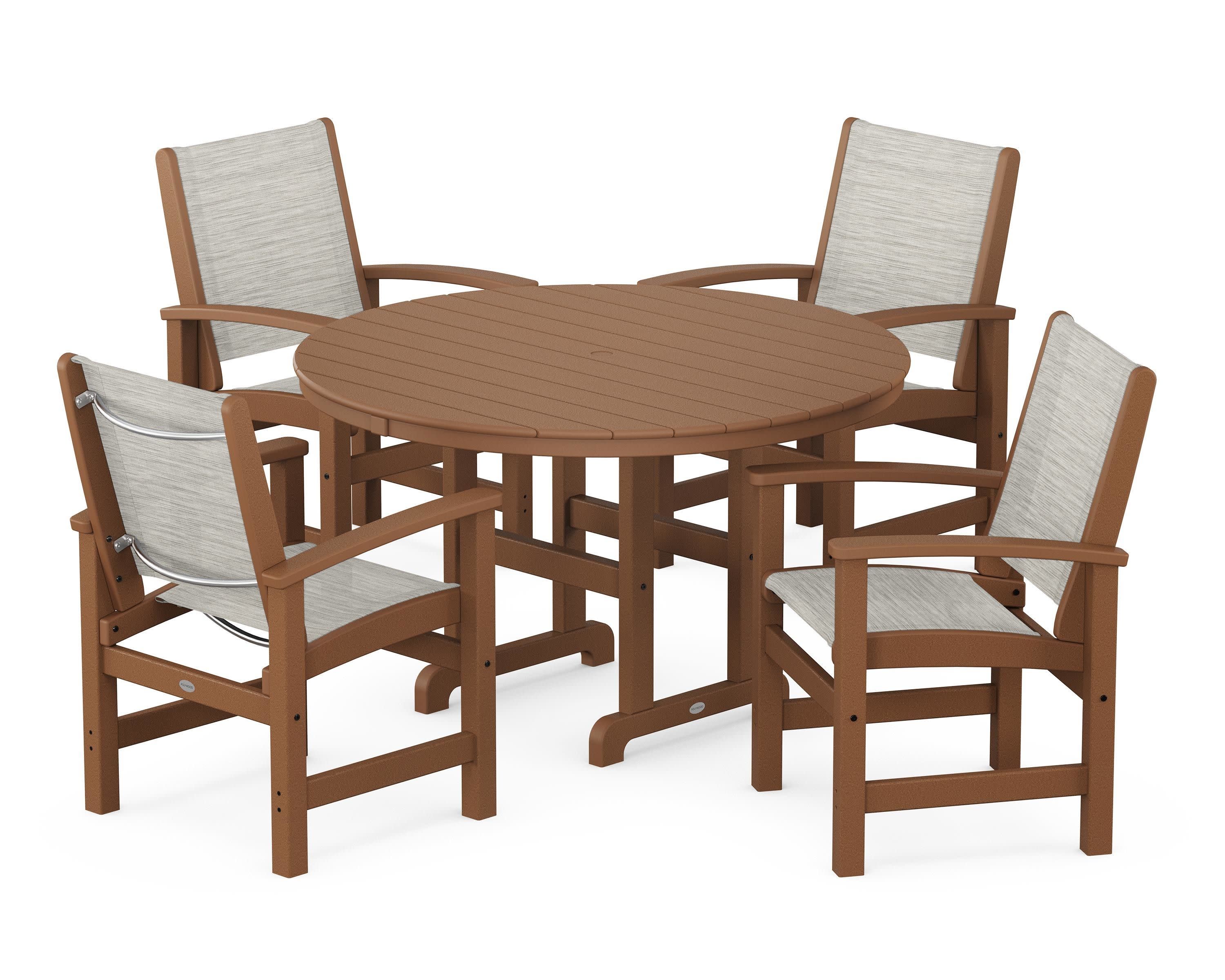 Coastal 5-Piece Round Farmhouse Dining Set in Teak / Birch Sling