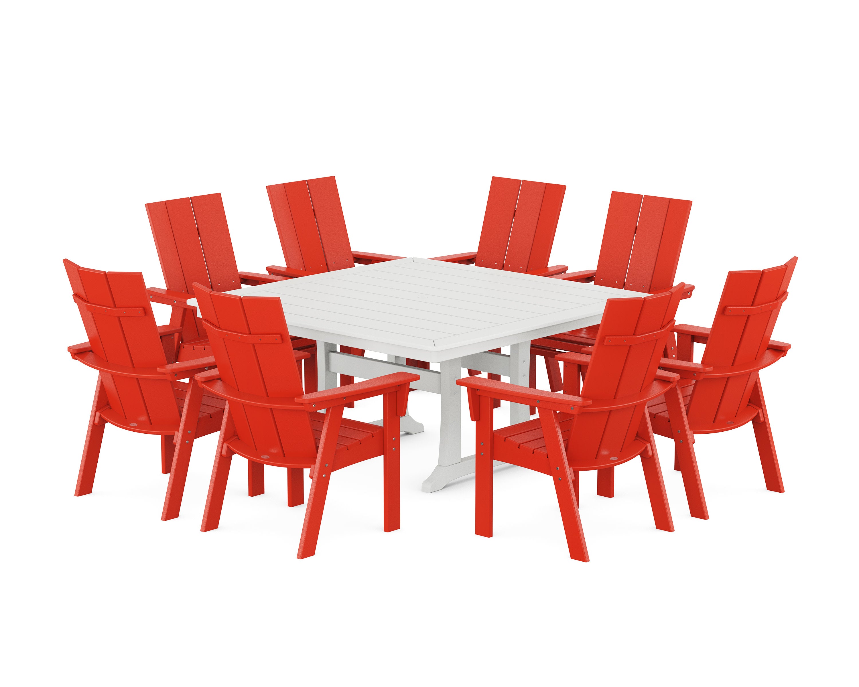 Modern Curveback Adirondack 9-Piece Square Dining Set with Trestle Legs in Sunset Red / White