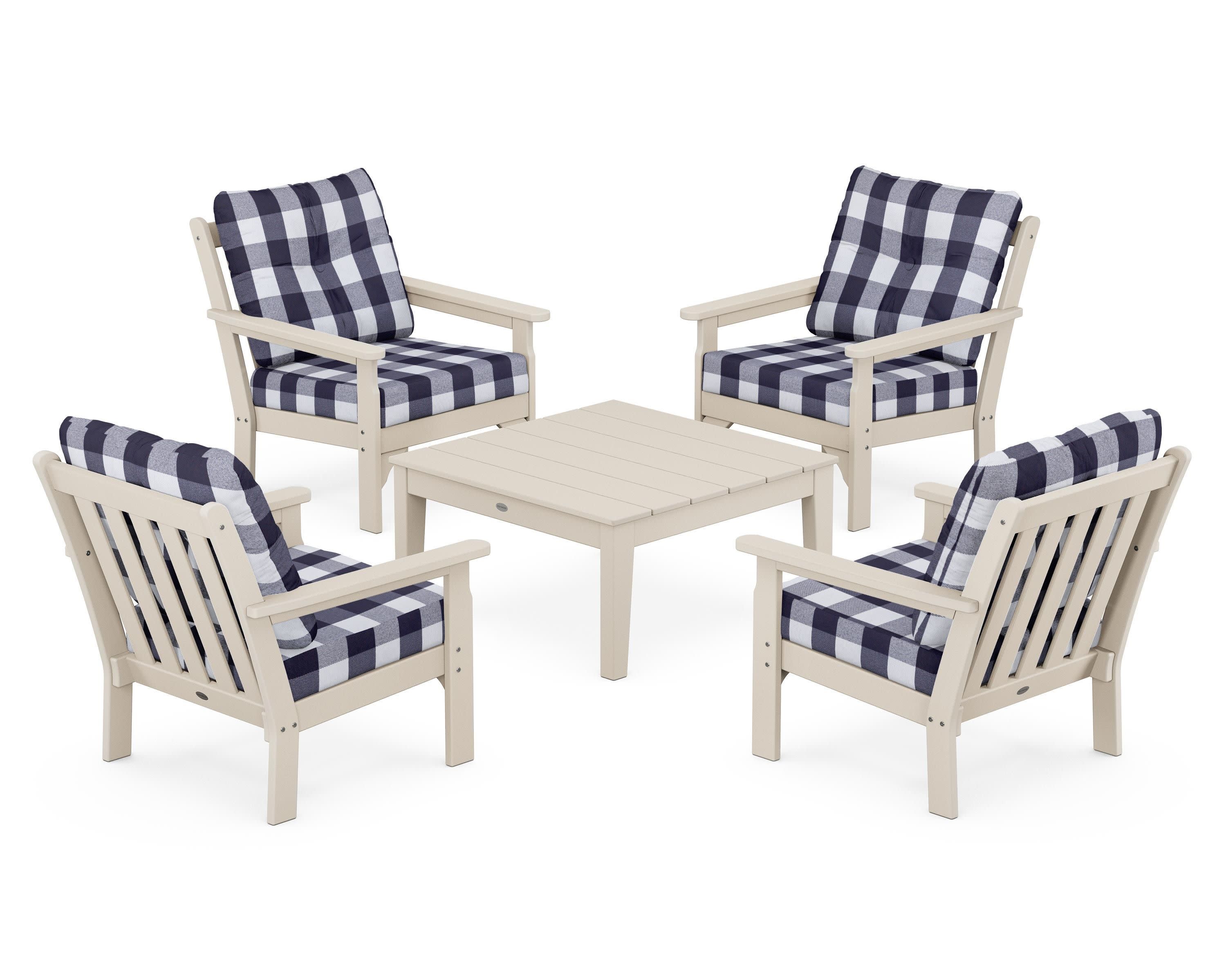 Vineyard 5-Piece Deep Seating Conversation Set in Sand / Buffalo Plaid Navy