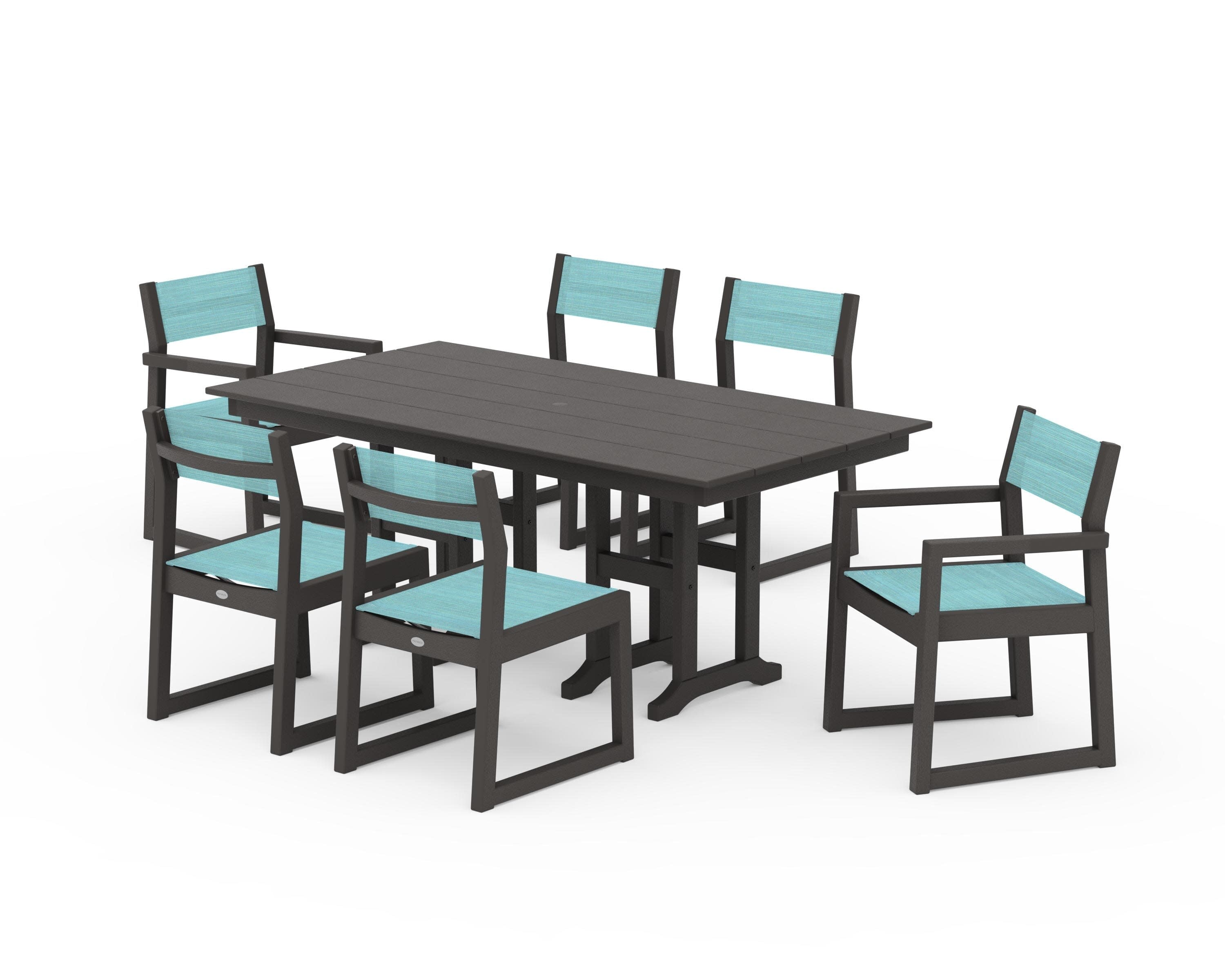 EDGE Sling 7-Piece Farmhouse Dining Set in Vintage Coffee / Dupioni Aquamarine Sling
