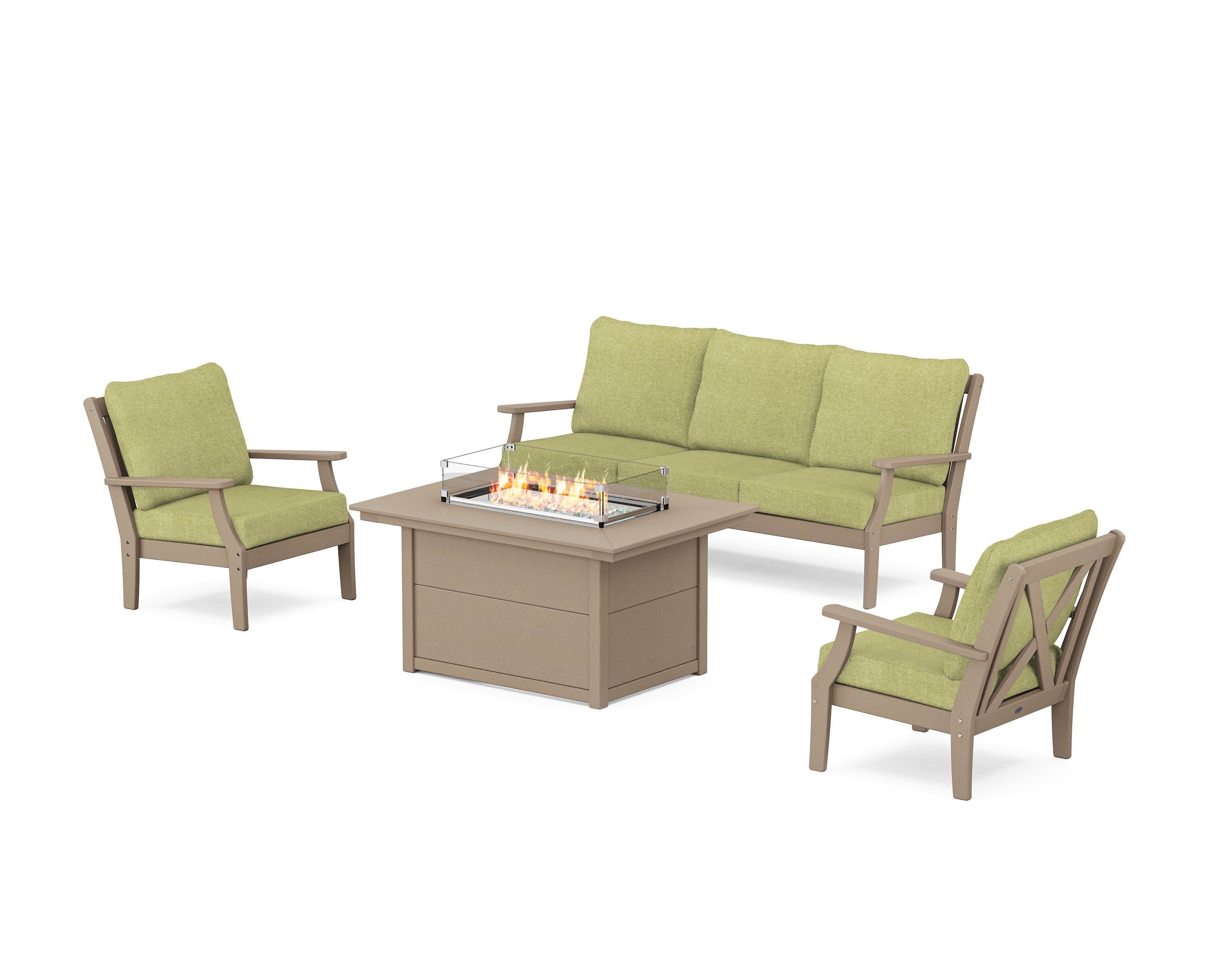 Braxton Deep Seating Fire Pit Table Set in Vintage Sahara / Chartreuse Boucle