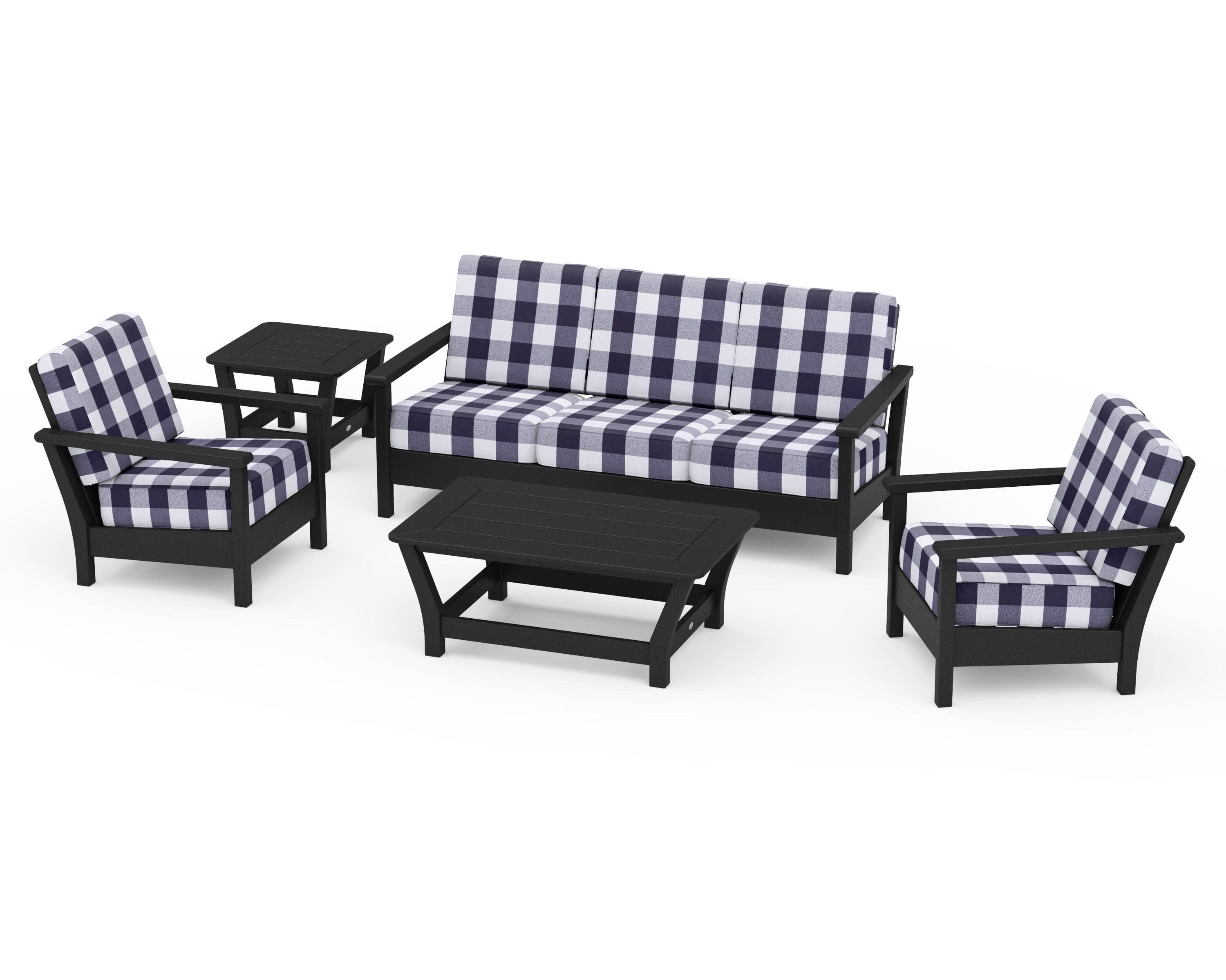 Harbour 5-Piece Deep Seating Set in Black / Buffalo Plaid Navy