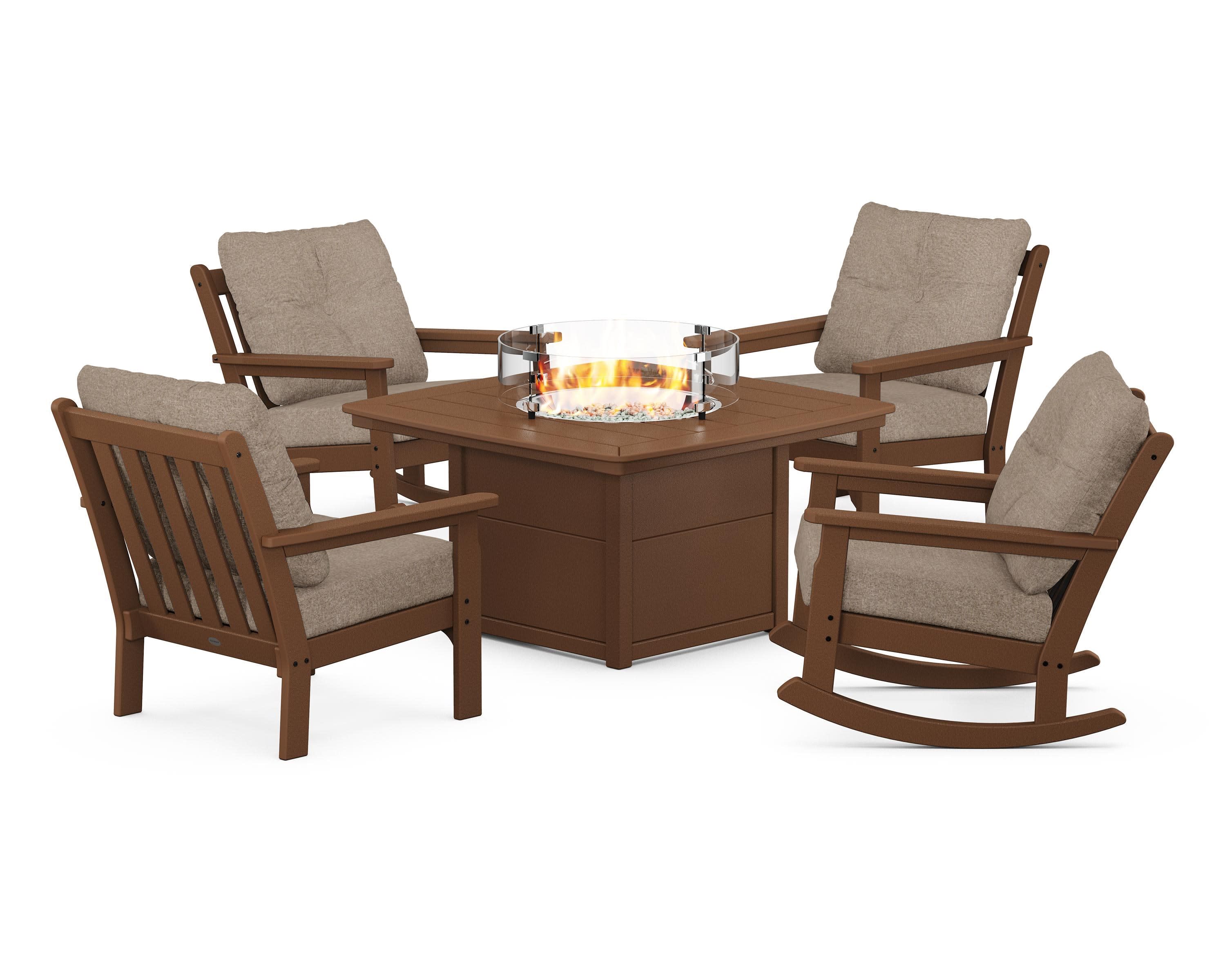 Vineyard 5-Piece Deep Seating Rocking Chair Conversation Set with Fire Pit Table in Teak / Spiced Burlap