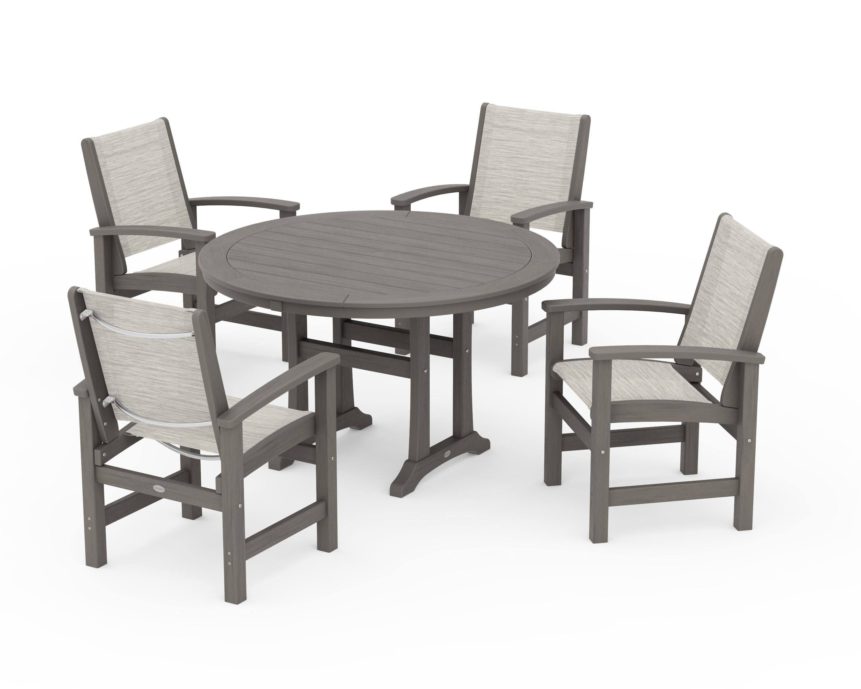 Coastal 5-Piece Round Dining Set with Trestle Legs in Driftwood / Birch Sling