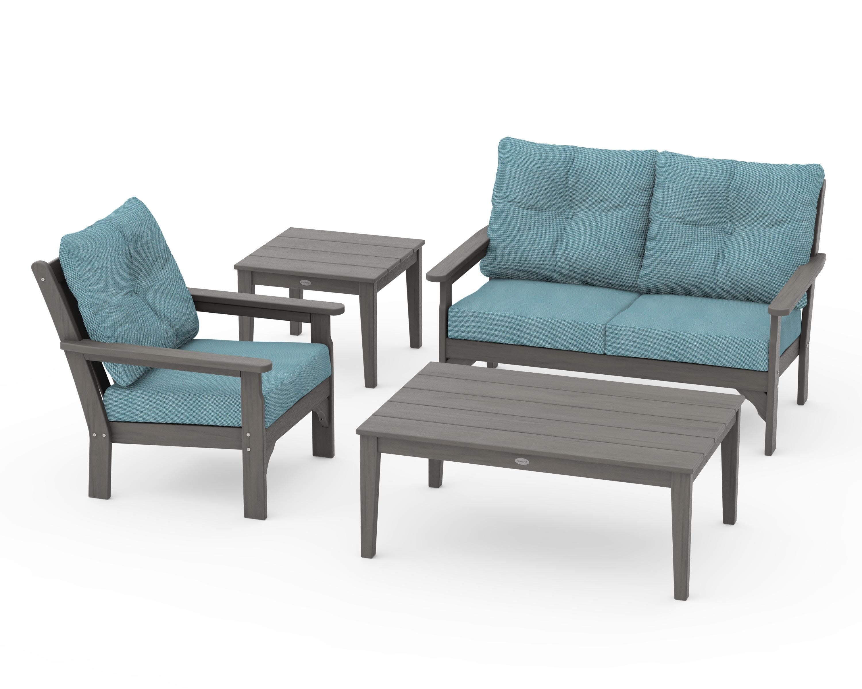 Vineyard 4-Piece Deep Seating Set in Driftwood / Lattice Sky Blue