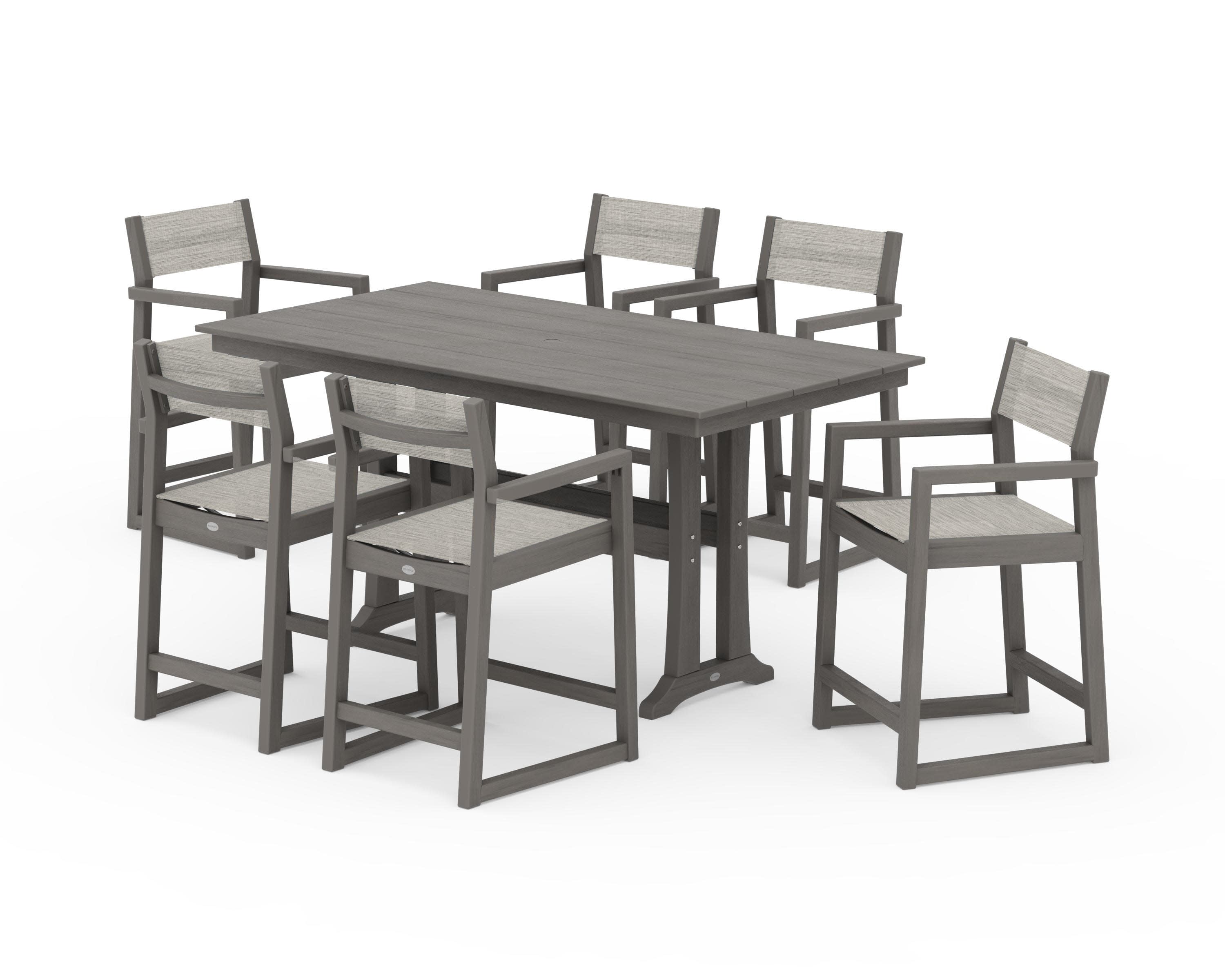 EDGE Sling Arm Chair 7-Piece Farmhouse Counter Set with Trestle Legs in Driftwood / Birch Sling