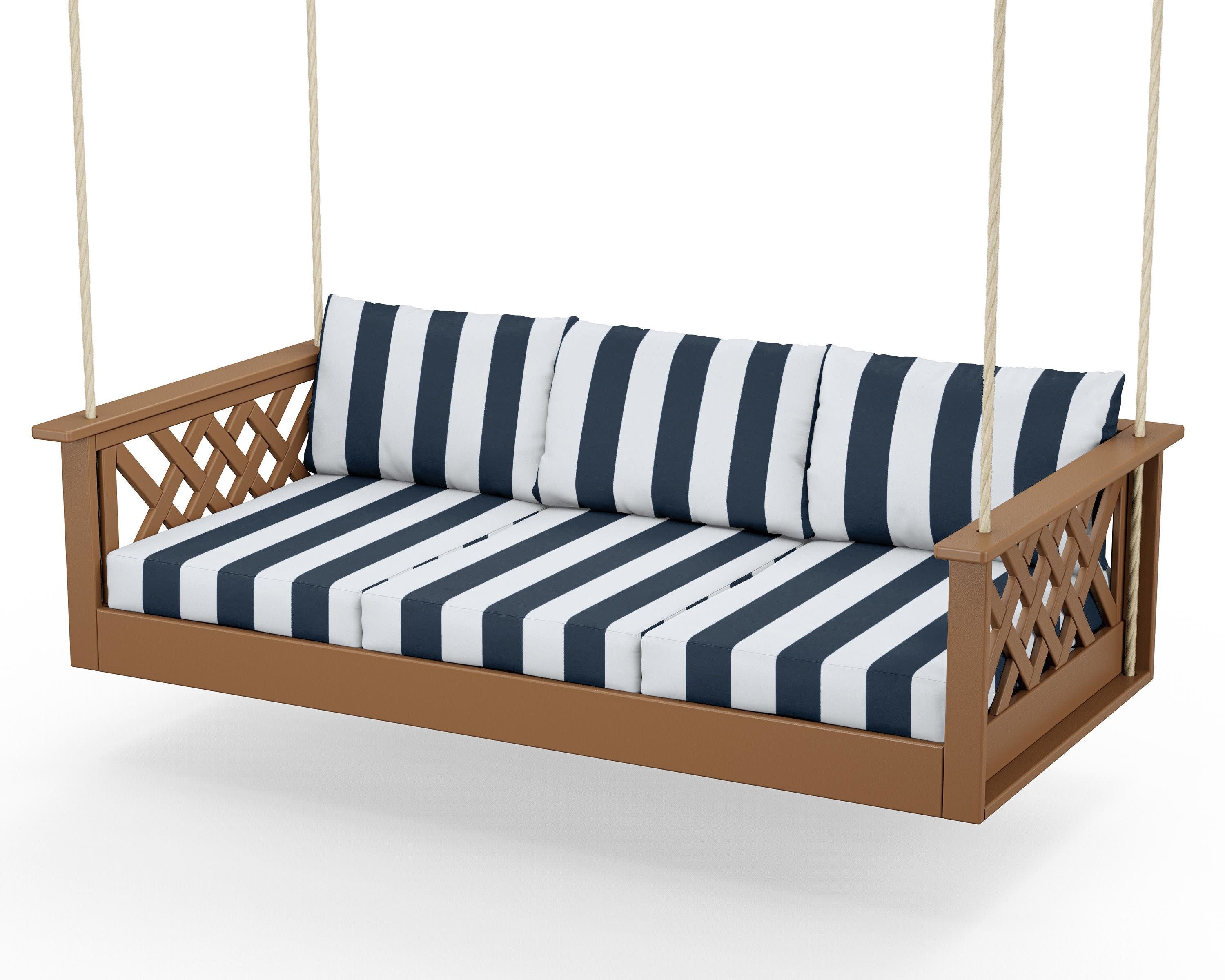 Wovendale Daybed Swing in Teak / Cabana Stripe Marine Indigo