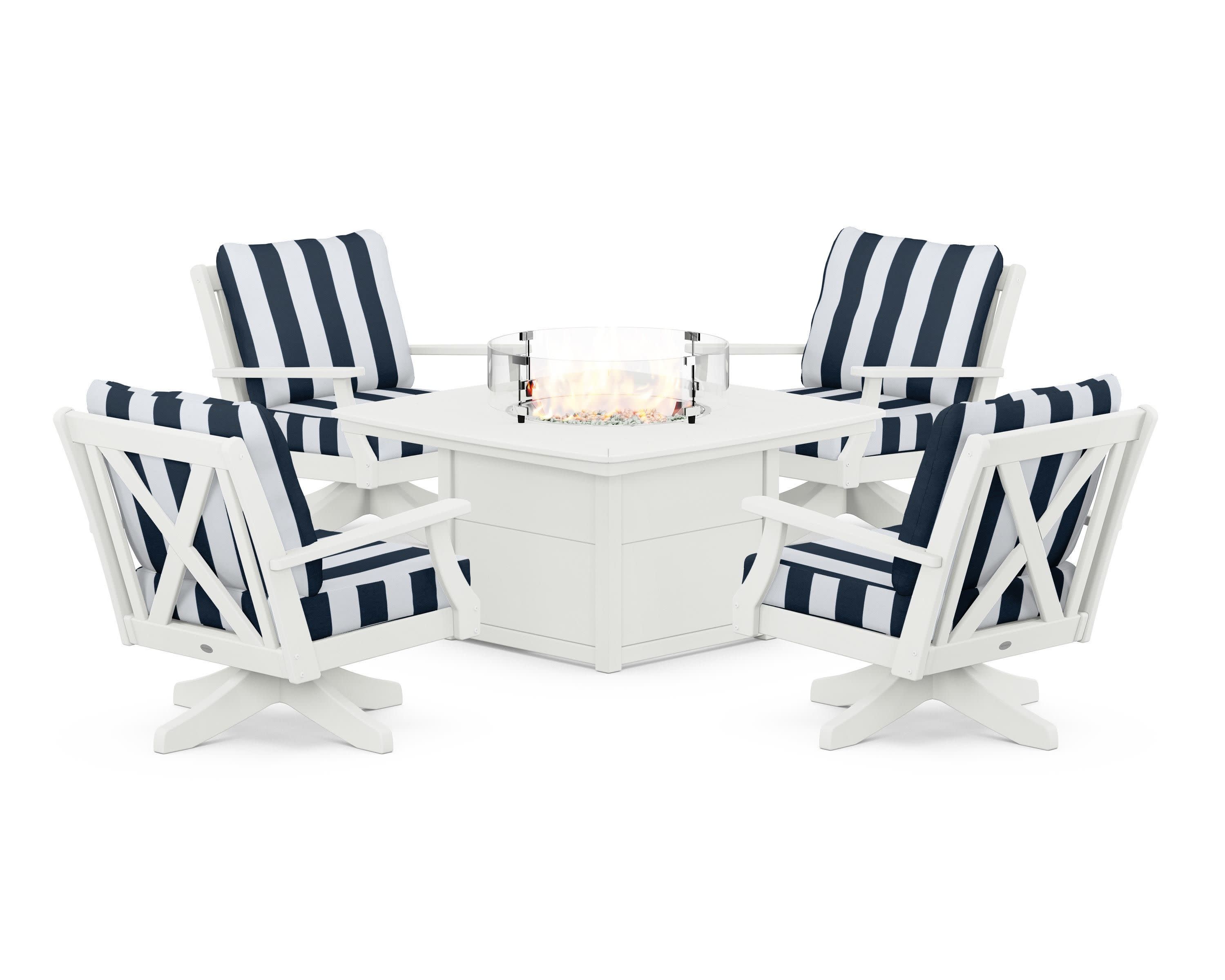 Braxton 5-Piece Deep Seating Swivel Conversation Set with Fire Pit Table in Vintage White / Cabana Stripe Marine Indigo