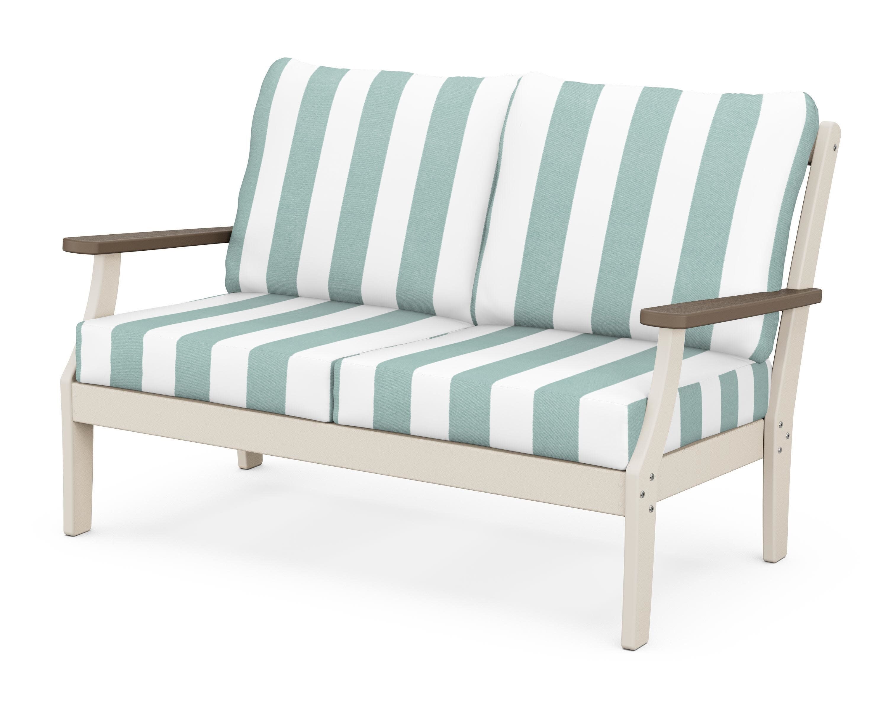 Braxton Deep Seating Loveseat in Sand / Kona / Cabana Stripe Glacier Spa