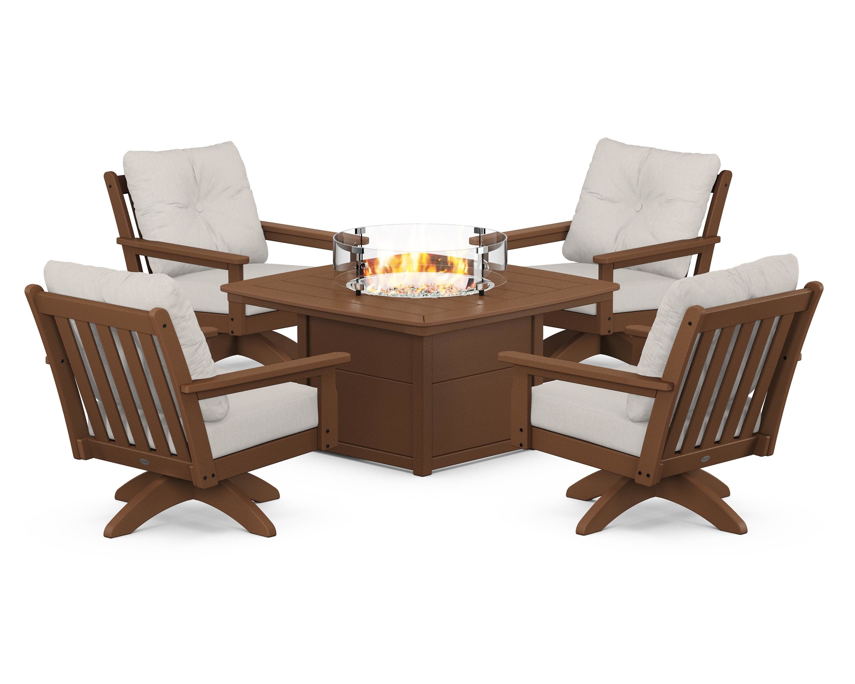 Vineyard 5-Piece Deep Seating Swivel Conversation Set with Fire Pit Table in Teak / Cast Ash
