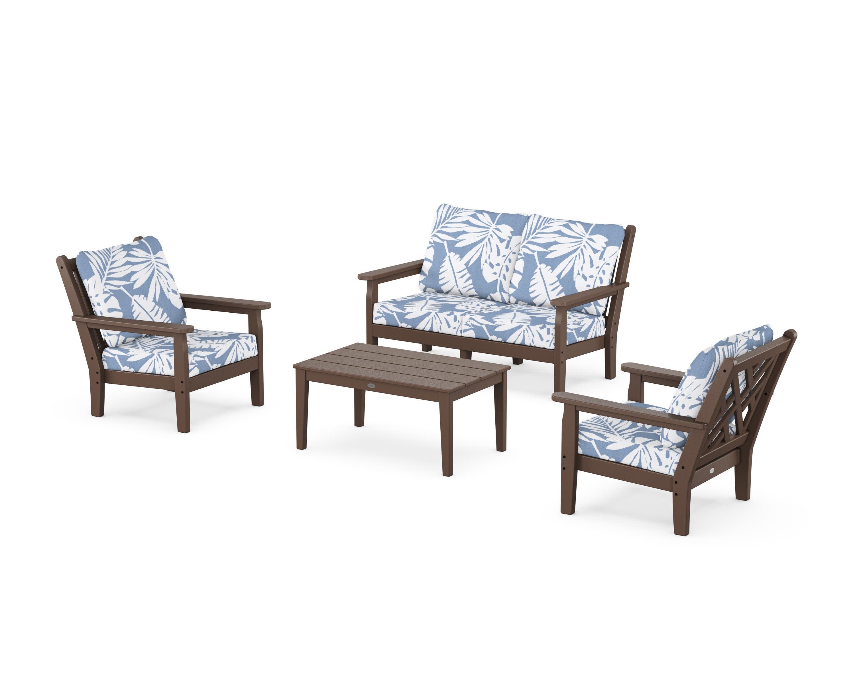 Chippendale 4-Piece Deep Seating Set with Loveseat in Mahogany / Leaf Sky Blue