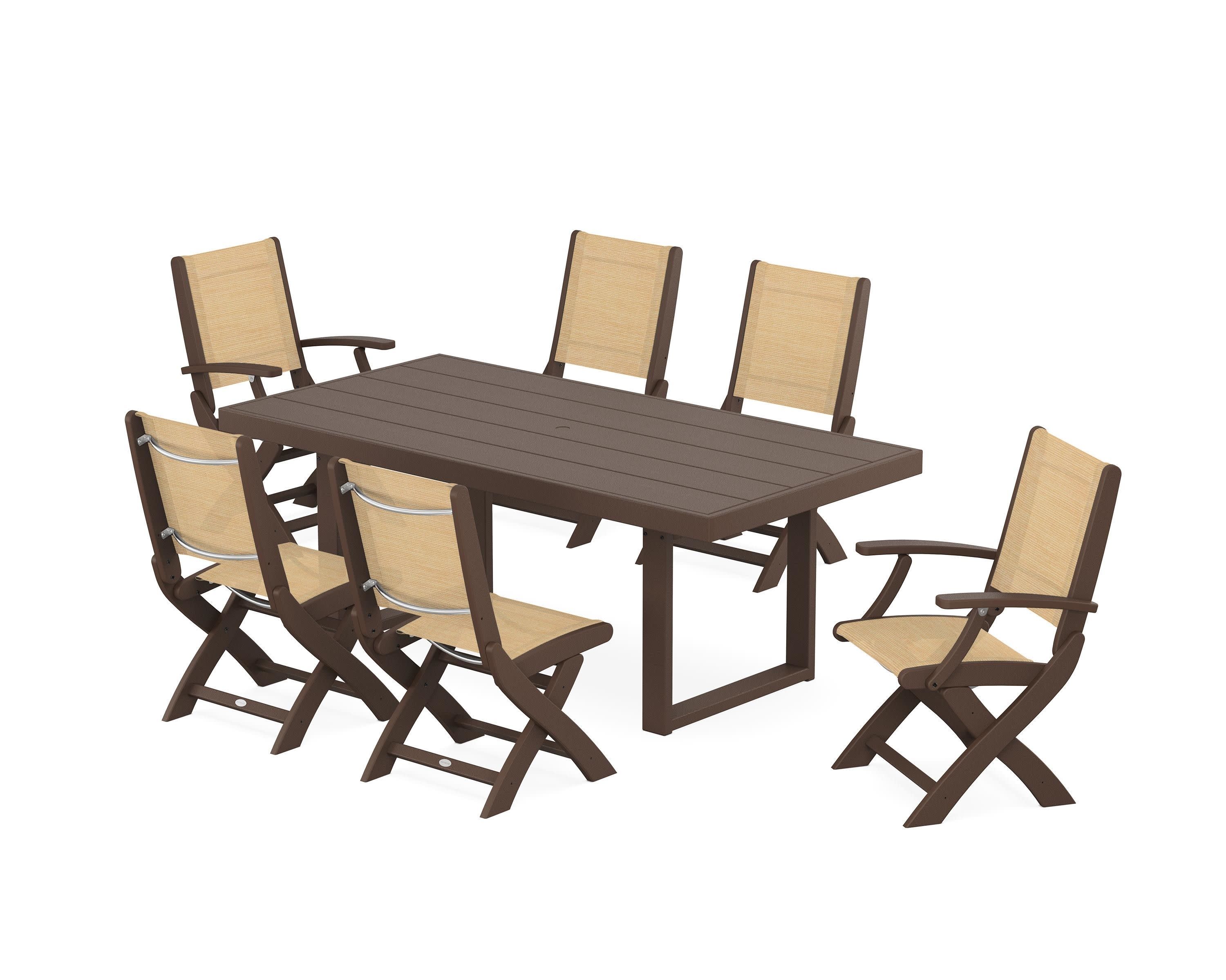 Coastal Folding Chair 7-Piece Dining Set with Trestle Legs in Mahogany / Dupioni Apricot Sling