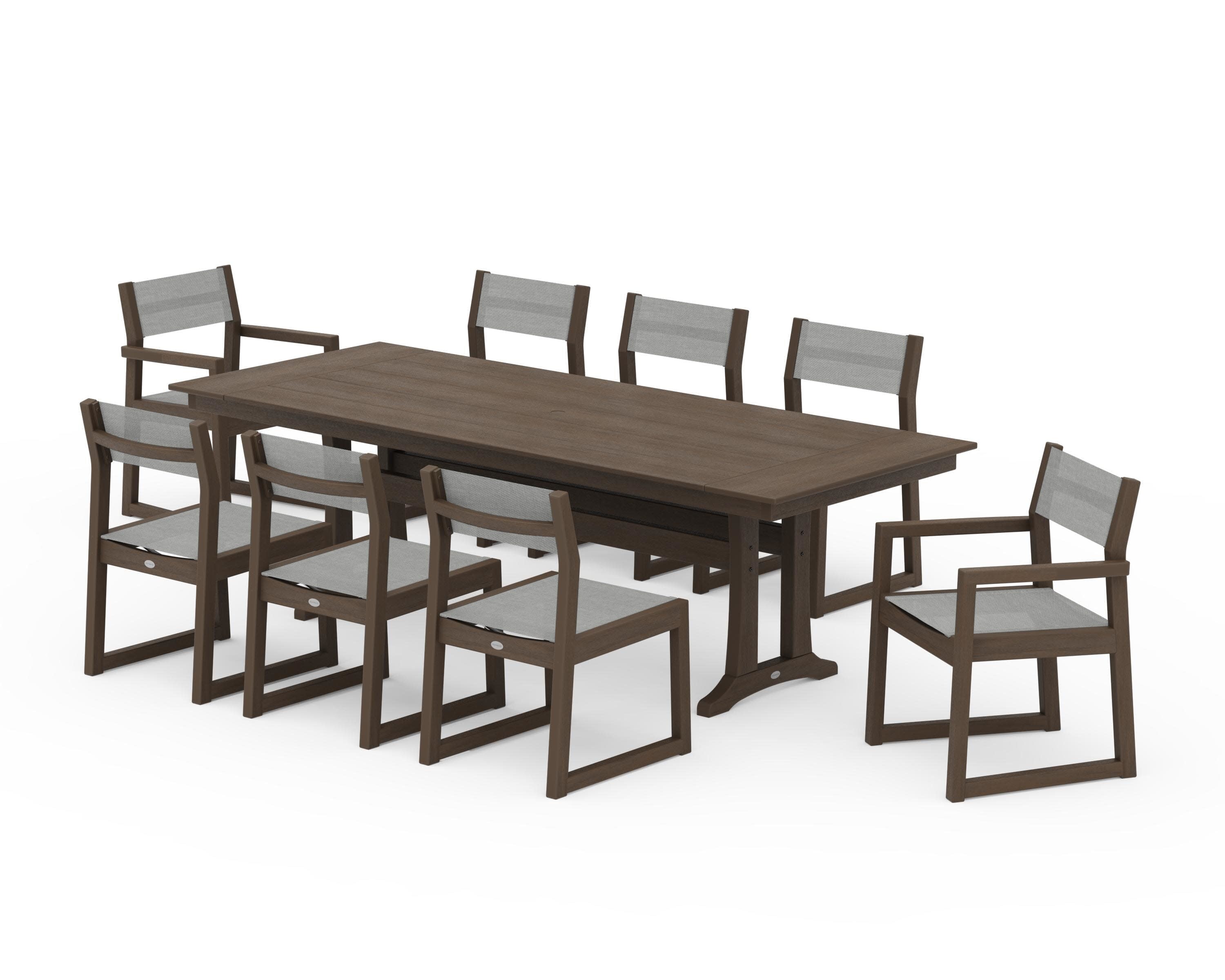 EDGE Sling 9-Piece Farmhouse Trestle Dining Set in Kona / Metallic Sling