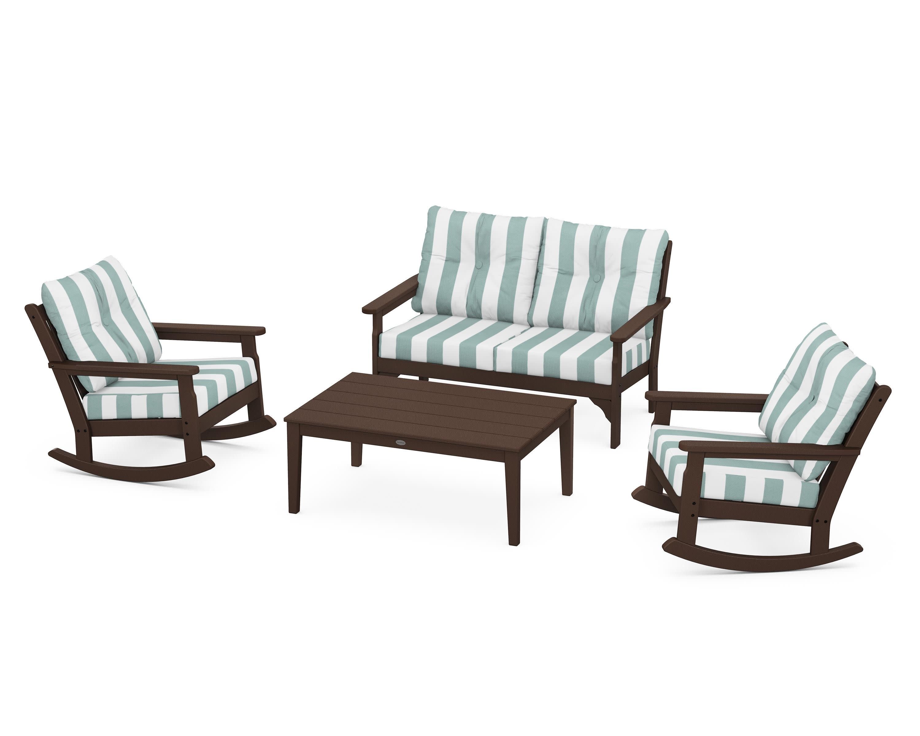 Vineyard 4-Piece Deep Seating Rocking Chair Set in Mahogany / Cabana Stripe Glacier Spa