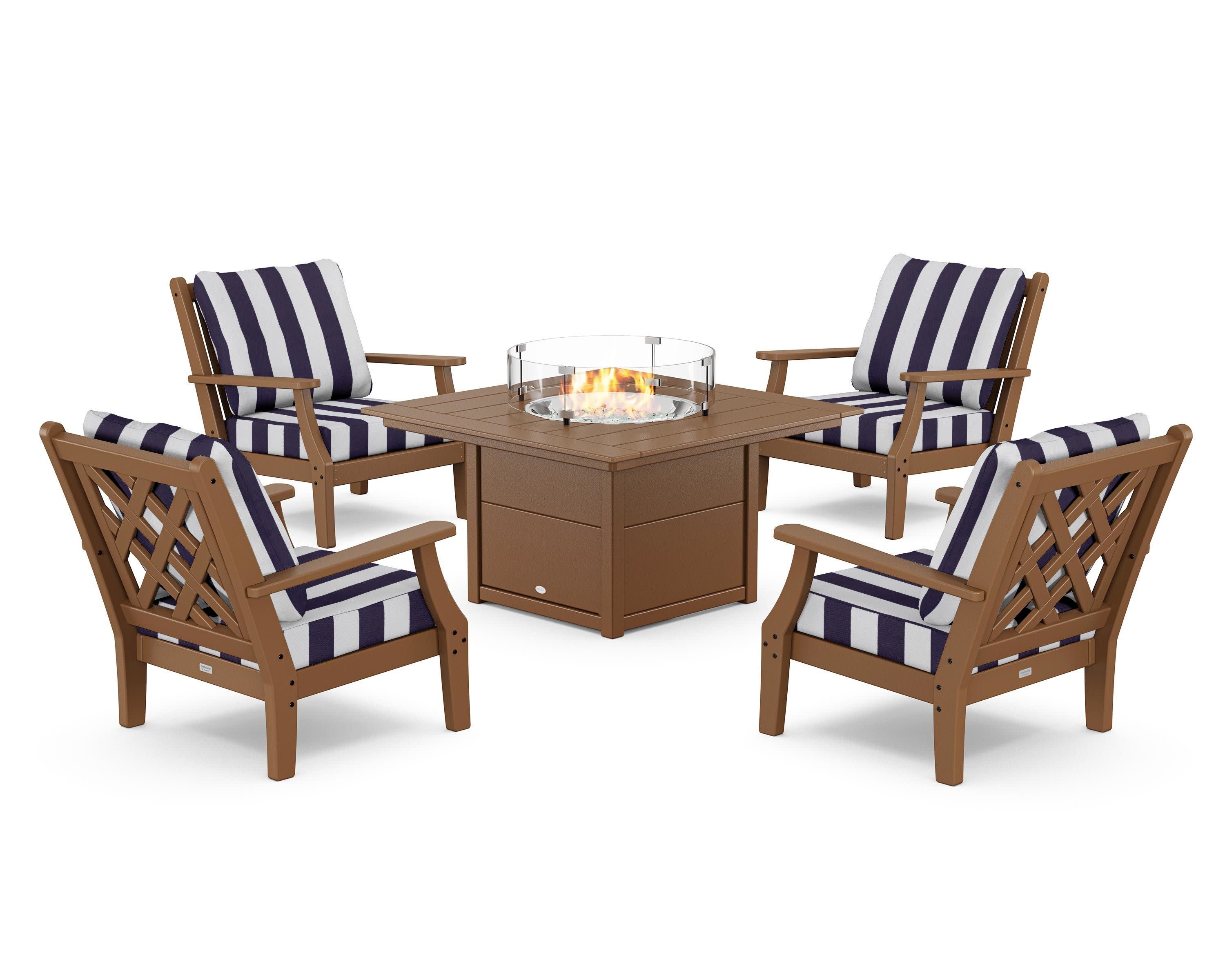 Wovendale 5-Piece Deep Seating Set with Fire Pit Table in Teak / Cabana Stripe Navy