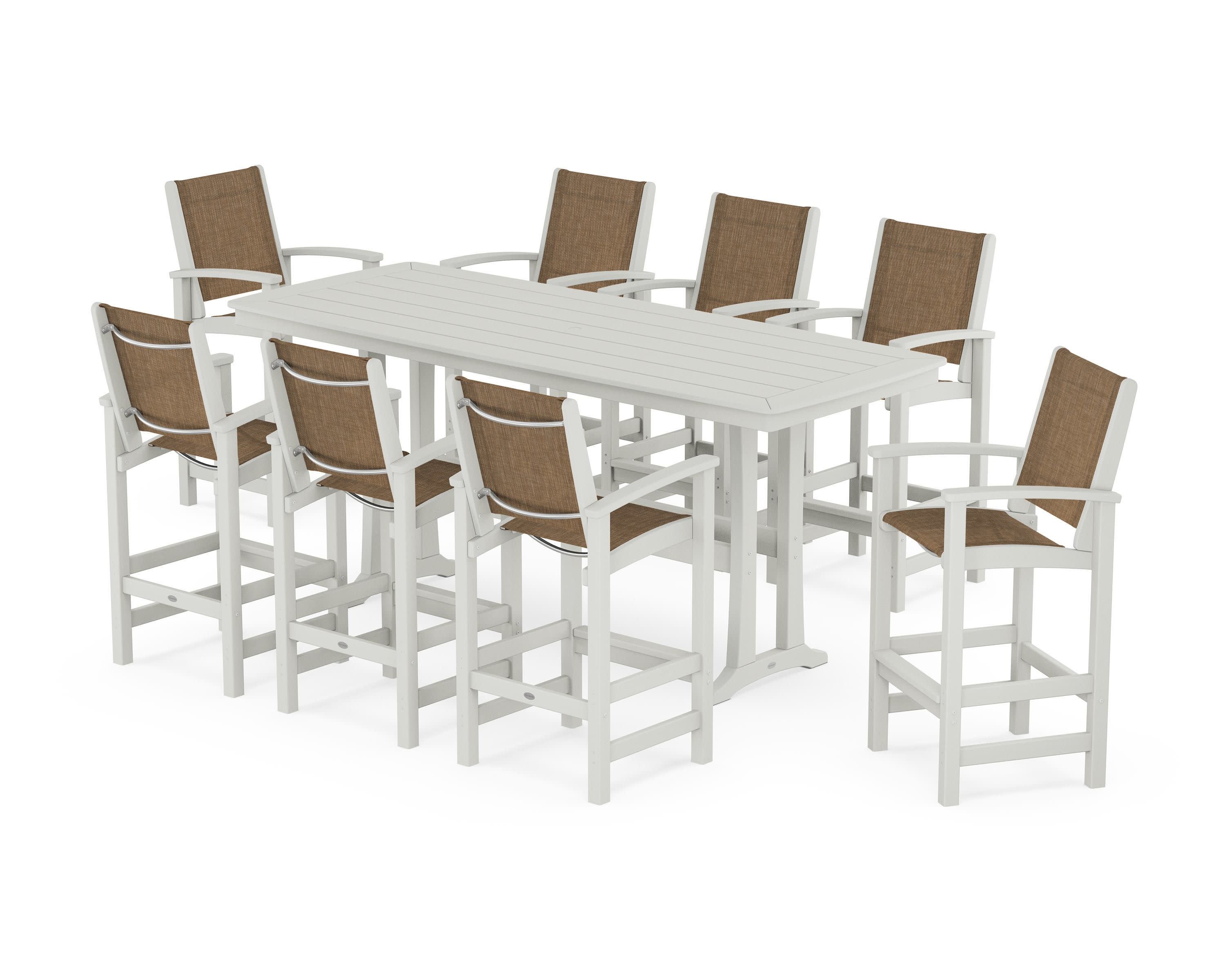 Coastal 9-Piece Bar Set with Trestle Legs in Vintage White / Burlap Sling