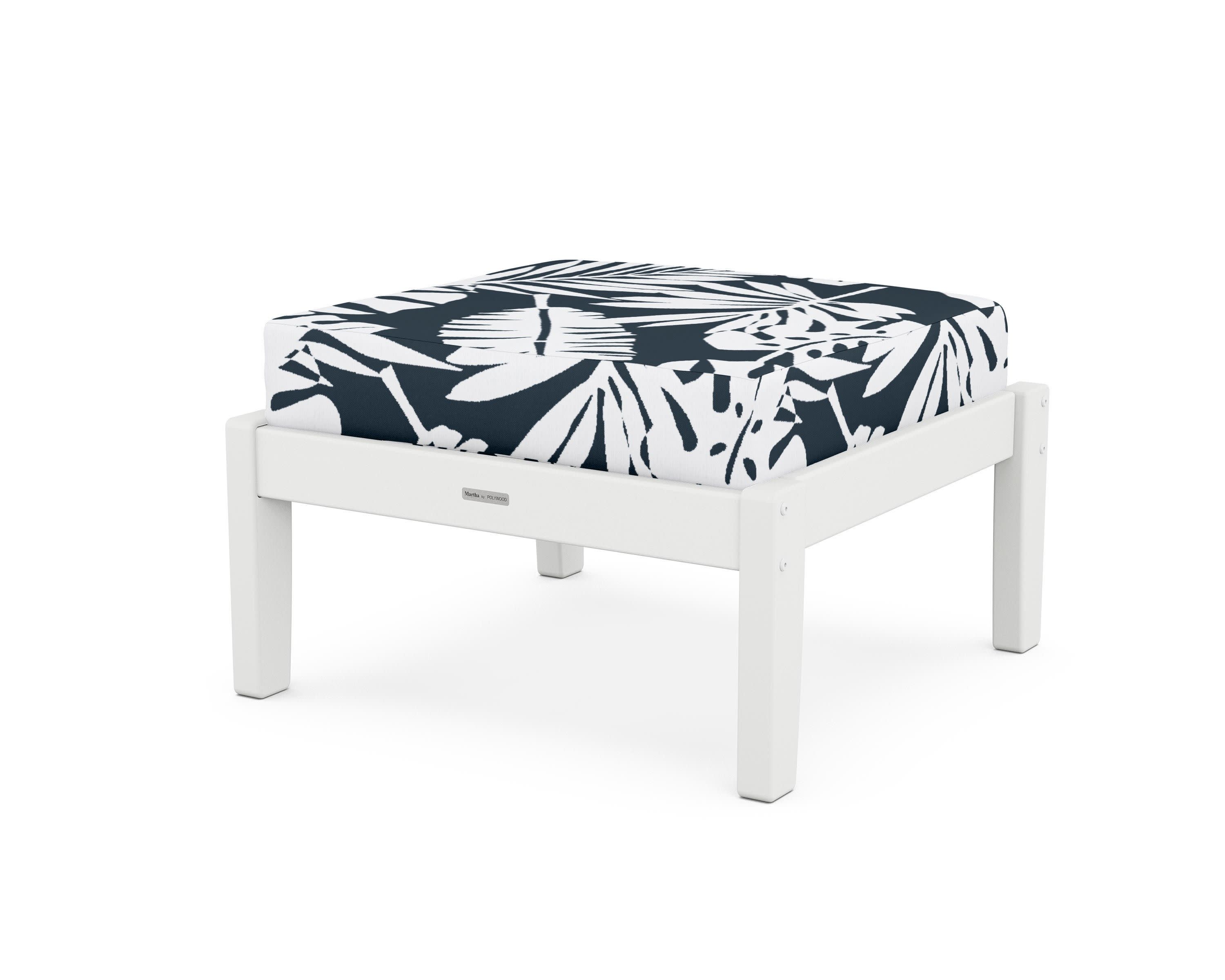 Chinoiserie Deep Seating Ottoman in White / Leaf Marine Indigo