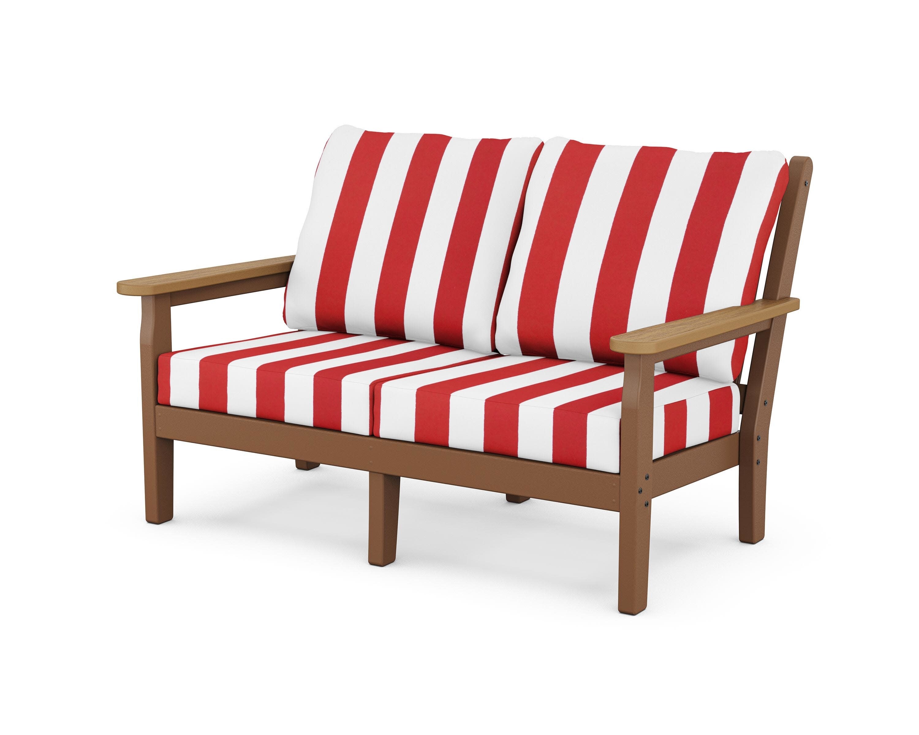 Chippendale Deep Seating Loveseat in Teak / Natural / Cabana Stripe Crimson