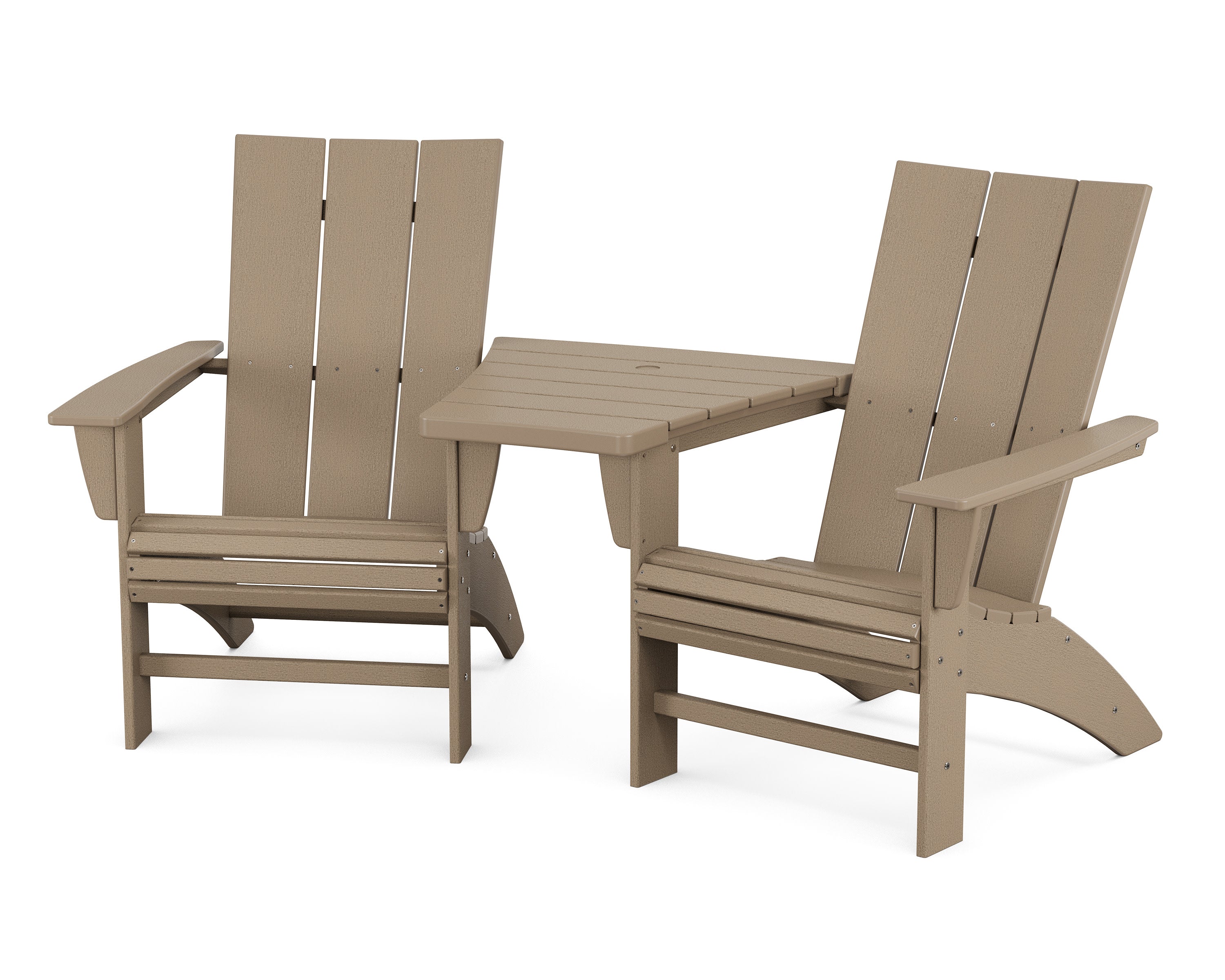 Modern 3-Piece Curveback Adirondack Set with Angled Connecting Table in Vintage Sahara