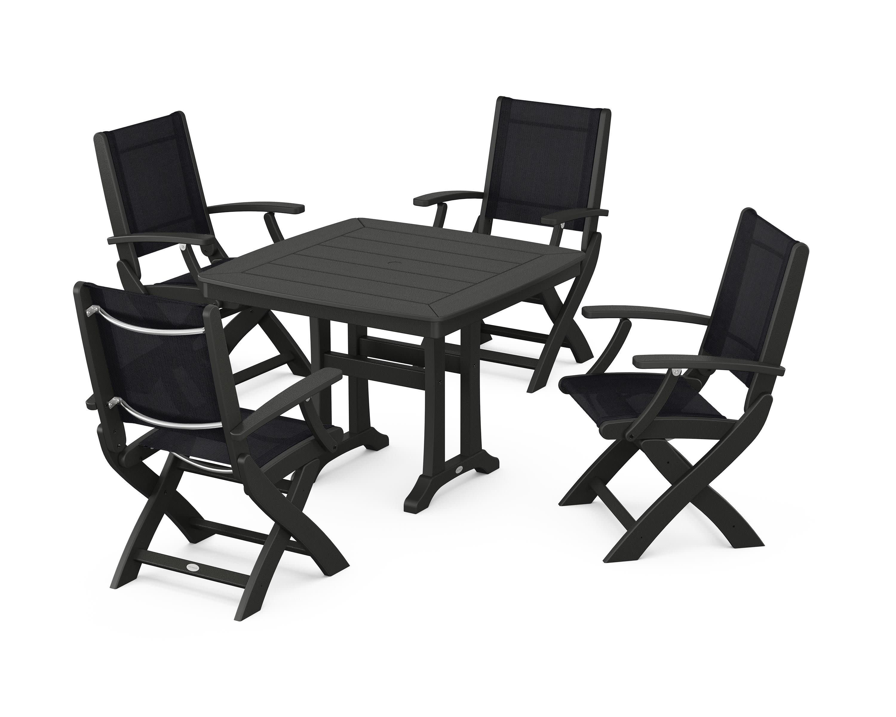 Coastal Folding Chair 5-Piece Dining Set with Trestle Legs in Black / Black Sling