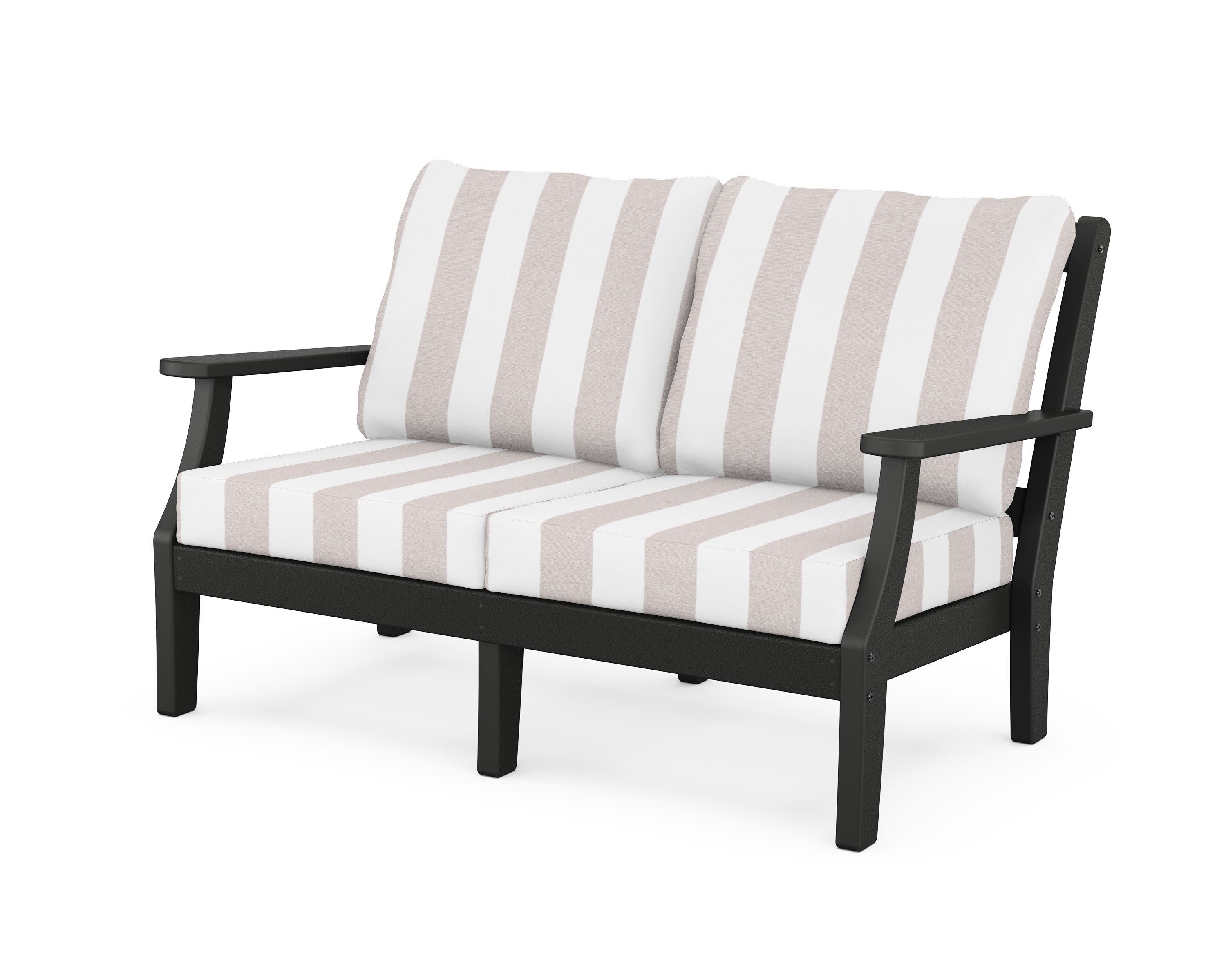 Chinoiserie Deep Seating Loveseat in Black / Cabana Stripe Dune Burlap