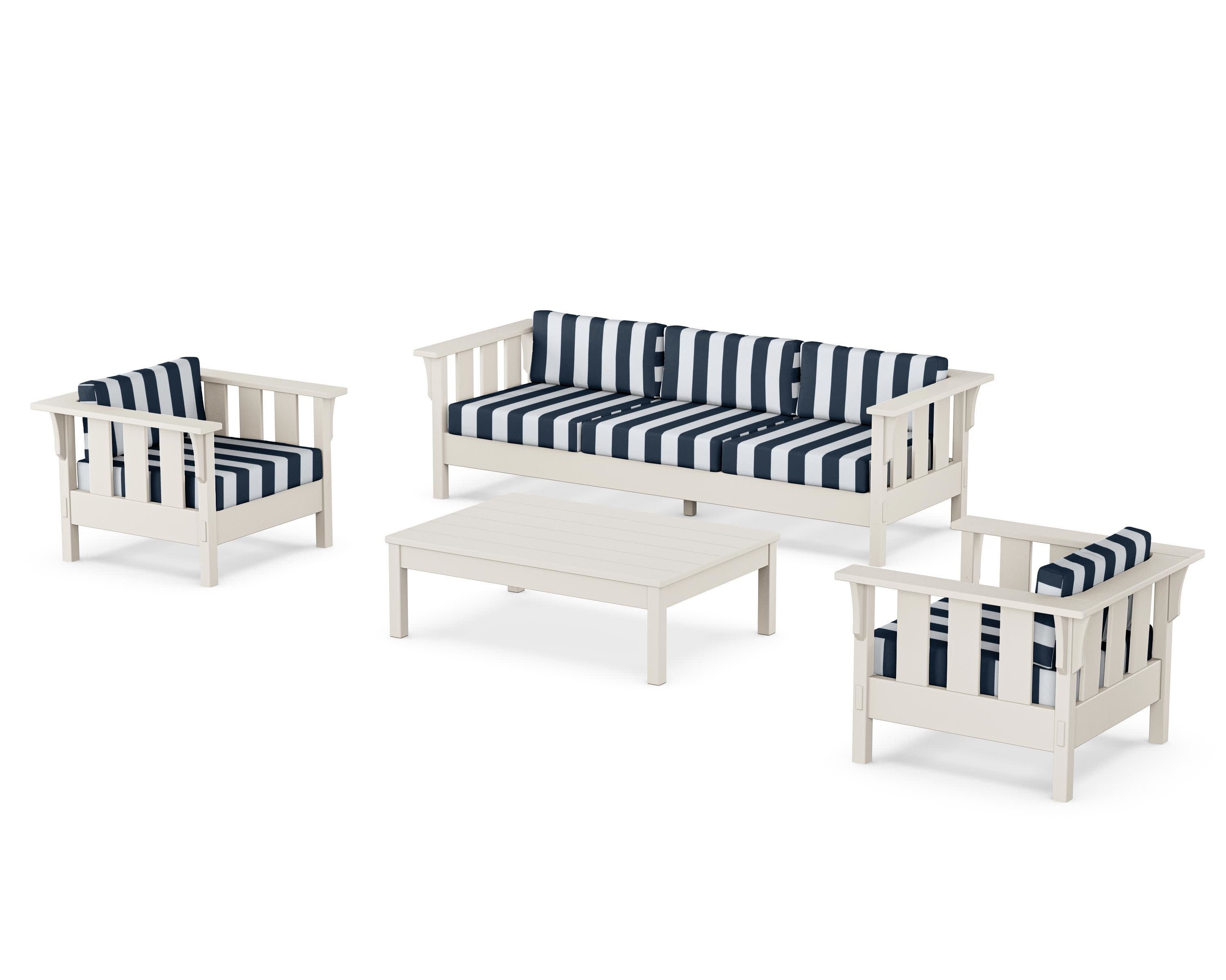 Acadia 4-Piece Deep Seating Set with Sofa in Sand / Cabana Stripe Marine Indigo