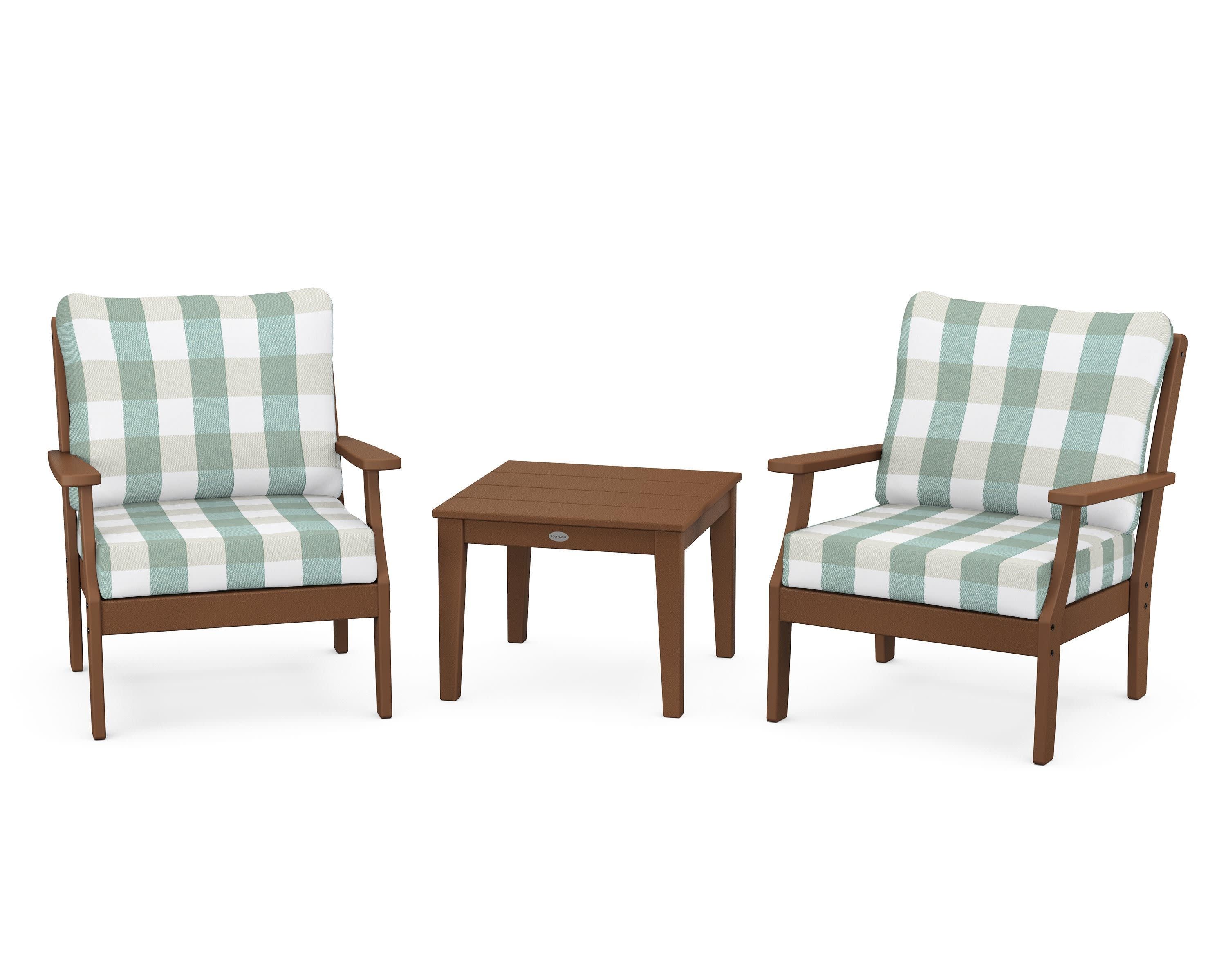 Braxton 3-Piece Deep Seating Set in Teak / Buffalo Plaid Glacier Spa