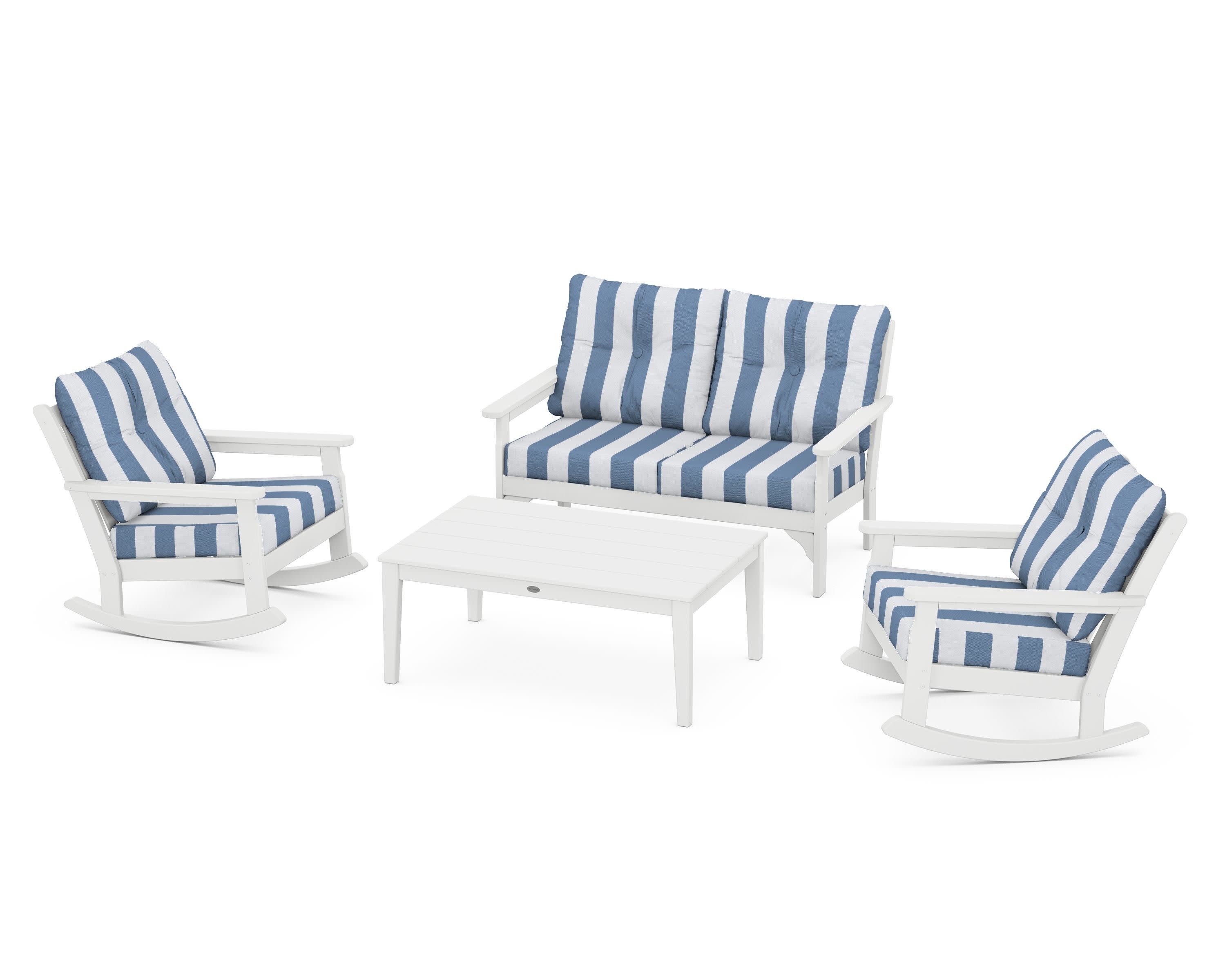 Vineyard 4-Piece Deep Seating Rocking Chair Set in White / Cabana Stripe Sky Blue