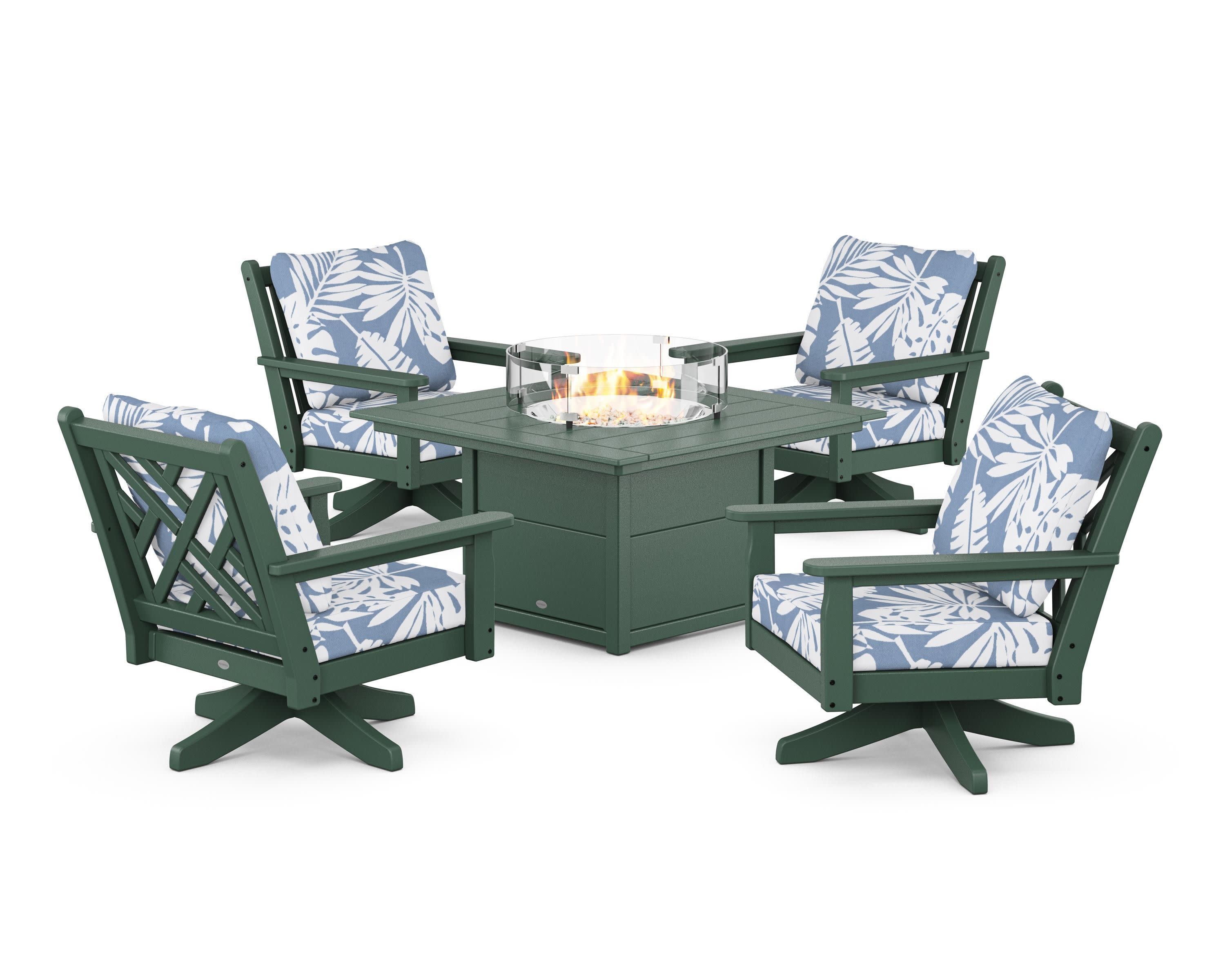 Chippendale 5-Piece Deep Seating Swivel Conversation Set with Fire Pit Table in Green / Leaf Sky Blue