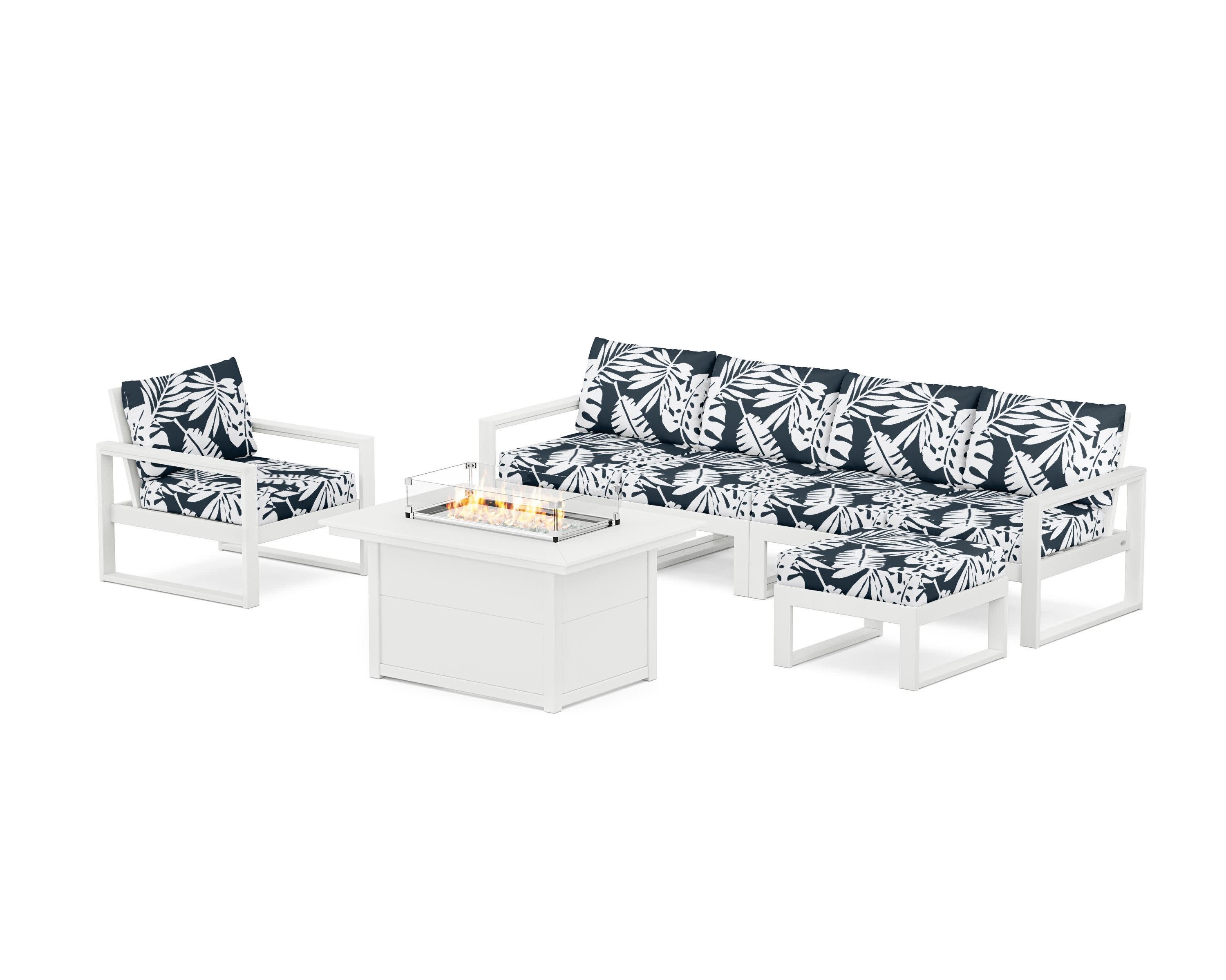 EDGE Sectional Lounge and Fire Pit Set in White / Leaf Marine Indigo